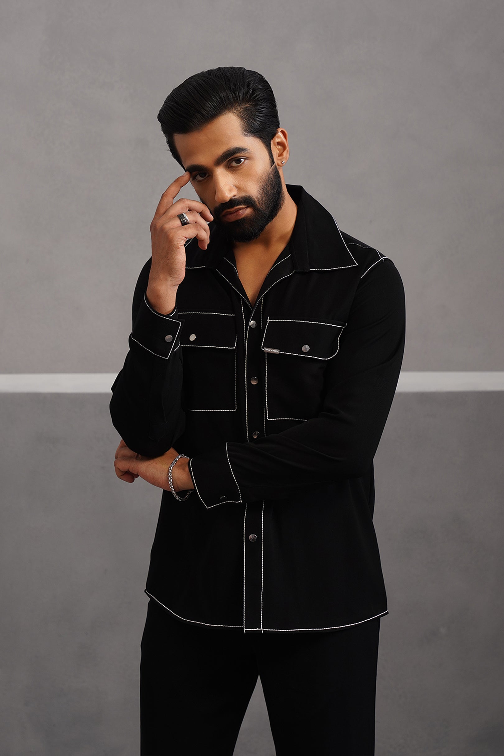 Korean Lycra Elite Double Pocket Embroidered Shirt - Black