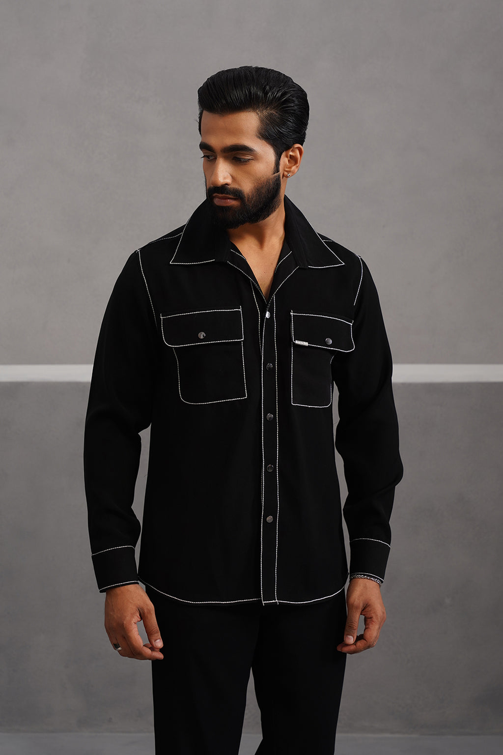 Korean Lycra Elite Double Pocket Embroidered Shirt - Black