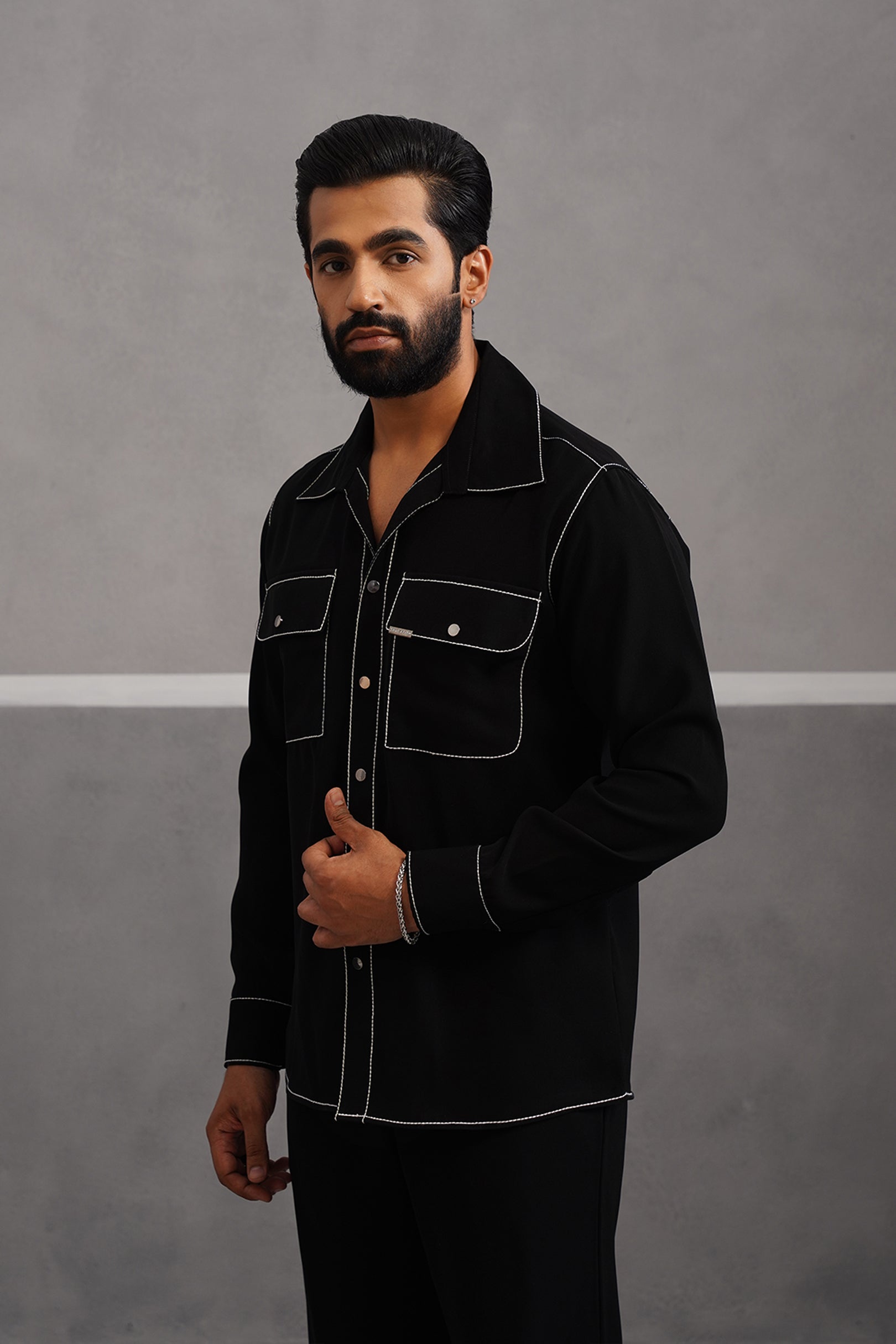 Korean Lycra Elite Double Pocket Embroidered Shirt - Black