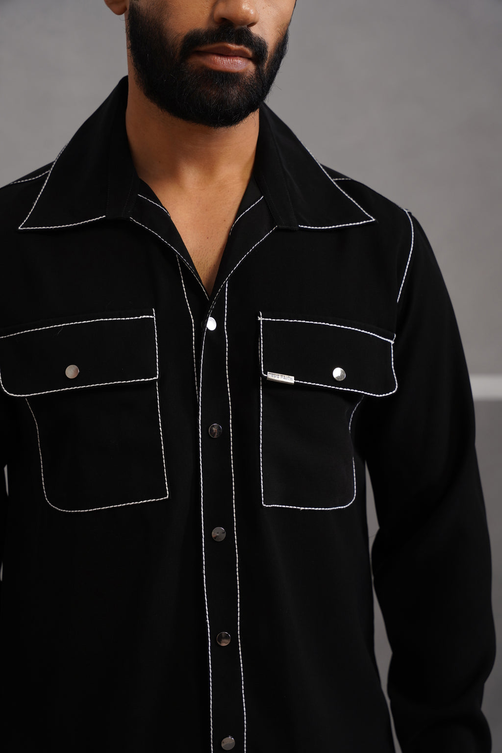 Korean Lycra Elite Double Pocket Embroidered Shirt - Black