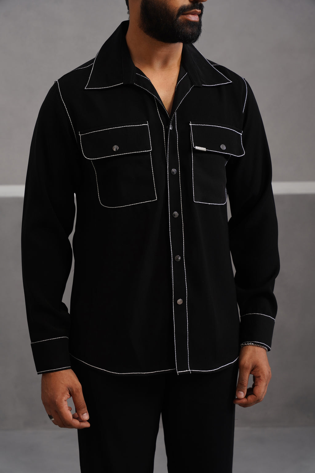 Korean Lycra Elite Double Pocket Embroidered Shirt - Black