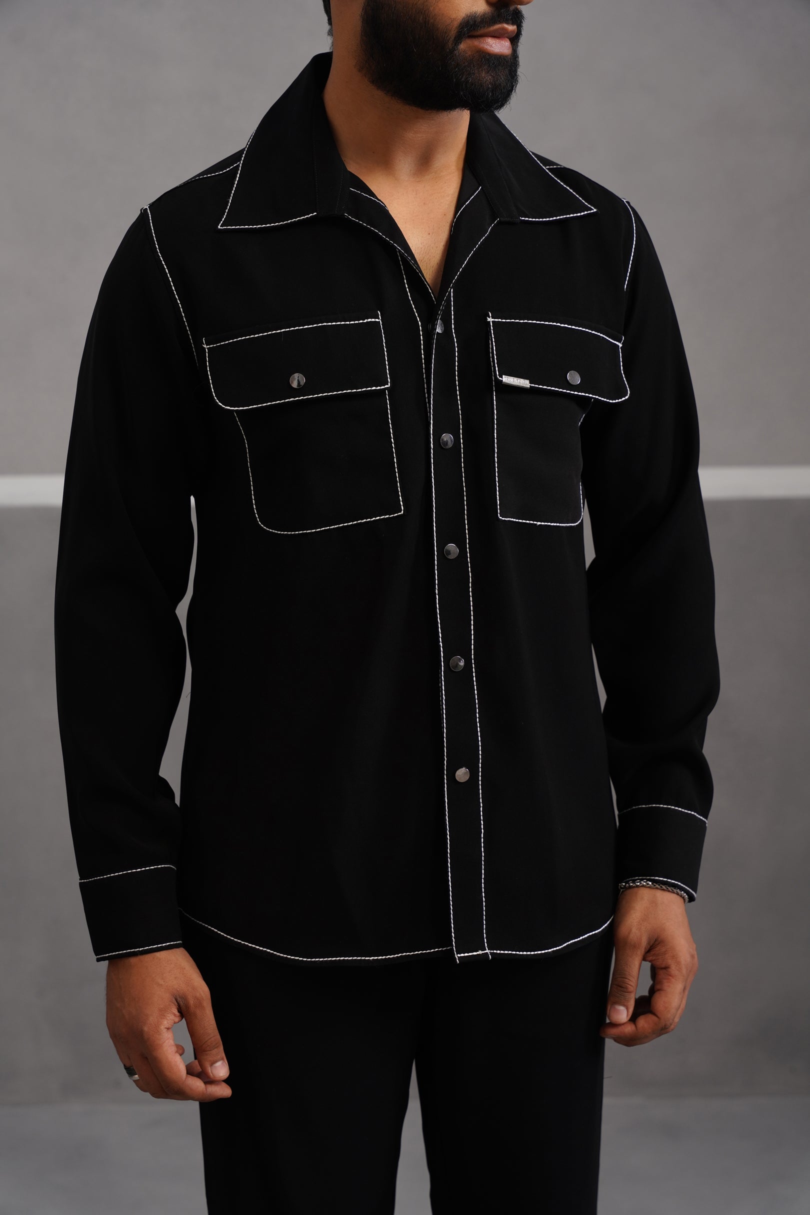 Korean Lycra Elite Double Pocket Embroidered Shirt - Black