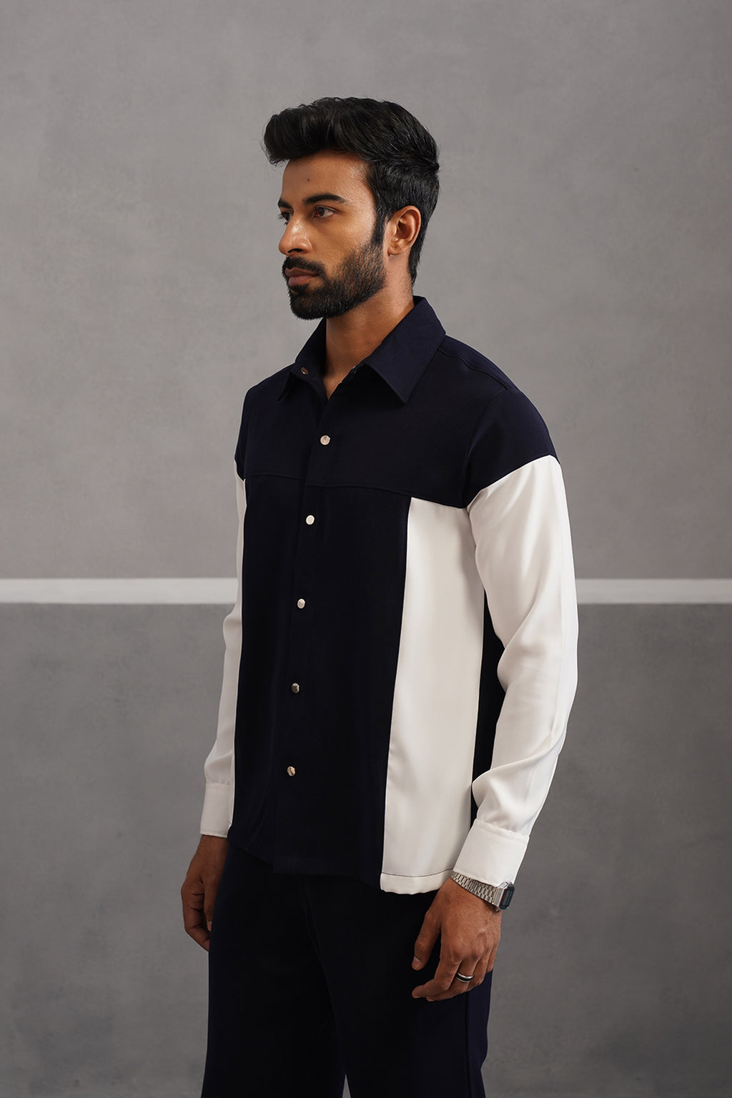 Korean Lycra Luxe Patchwork Shirt - Blue