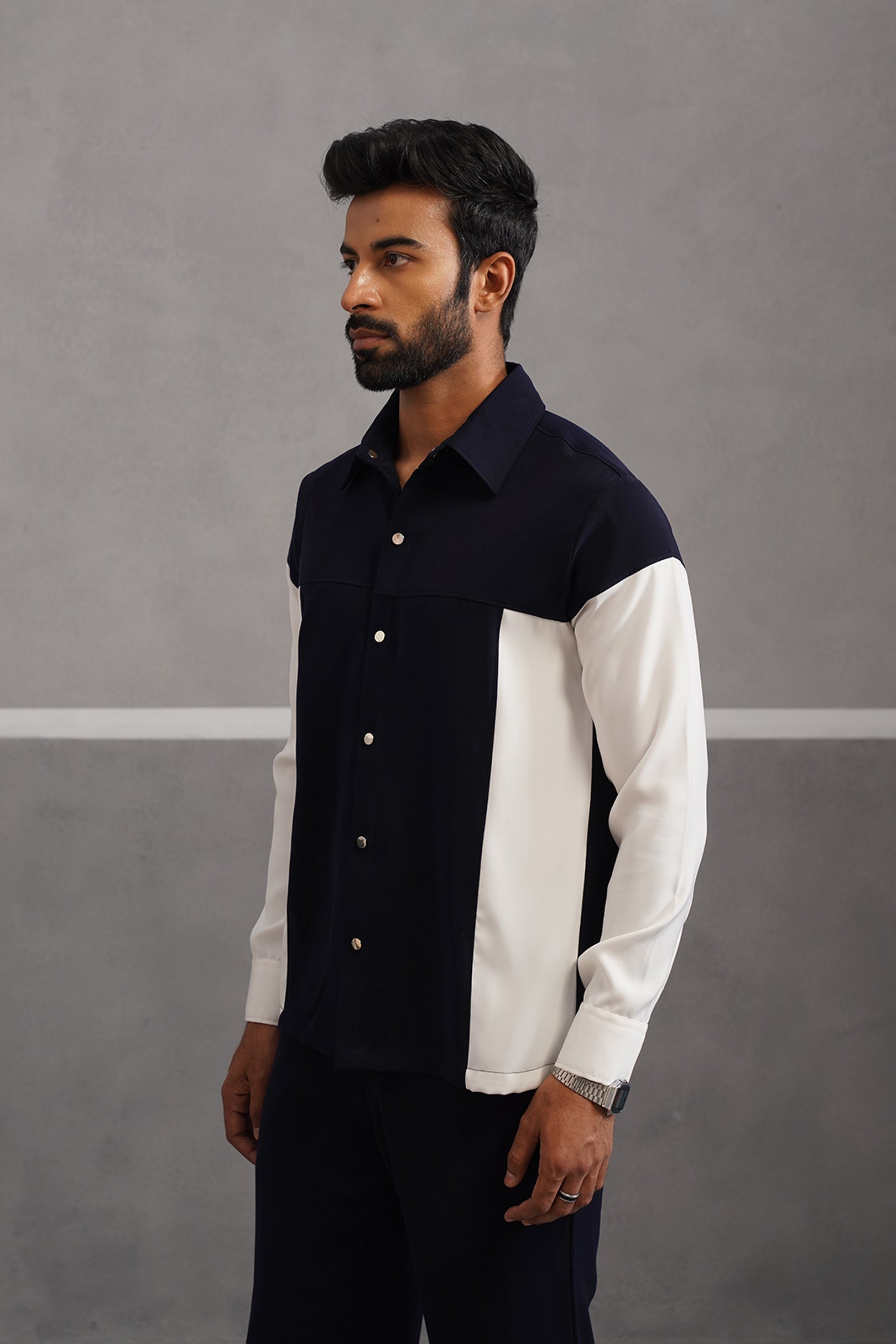 Korean Lycra Luxe Patchwork Shirt - Blue