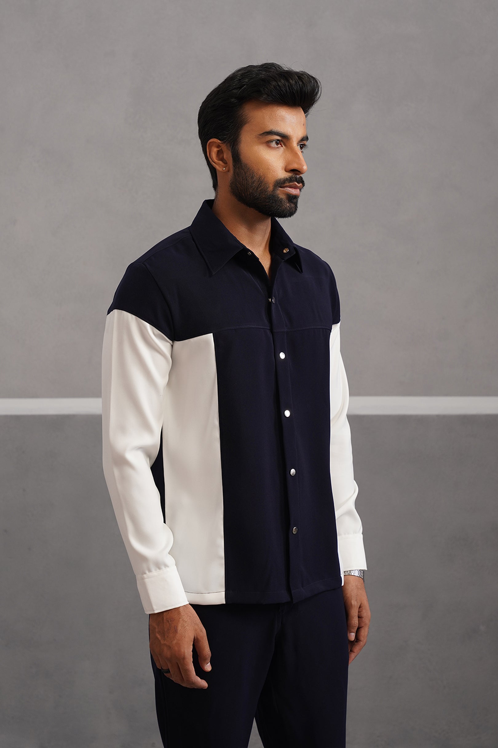 Korean Lycra Luxe Patchwork Shirt - Blue