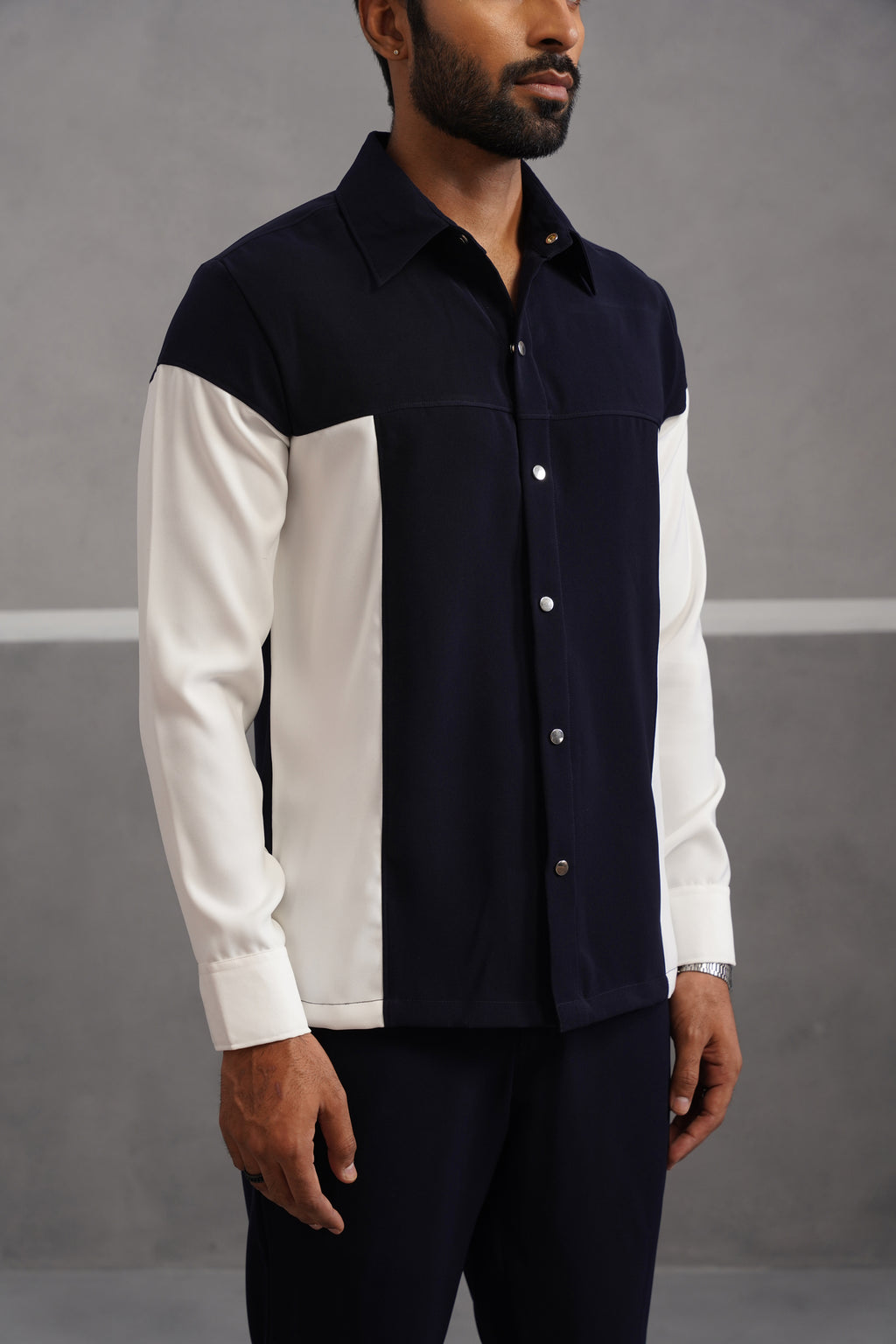 Korean Lycra Luxe Patchwork Shirt - Blue