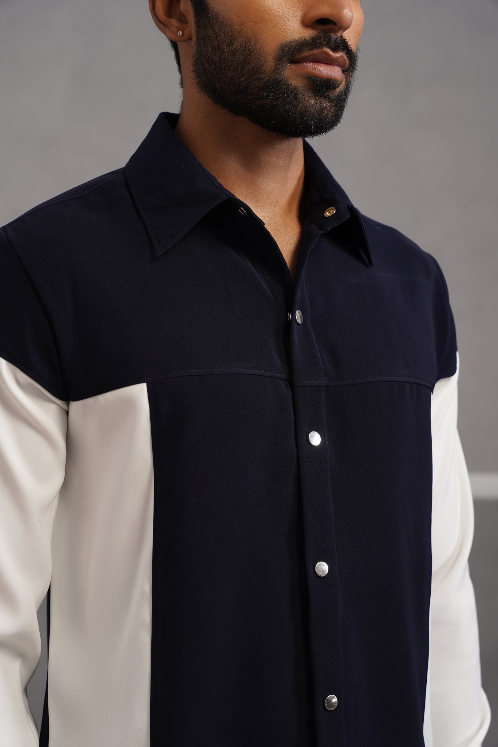 Korean Lycra Luxe Patchwork Shirt - Blue