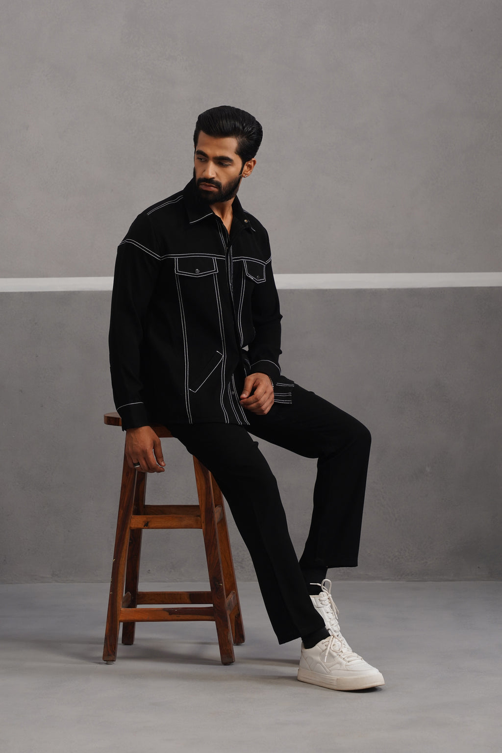 Elite Embroidered Shirt Co-ord Set - Black