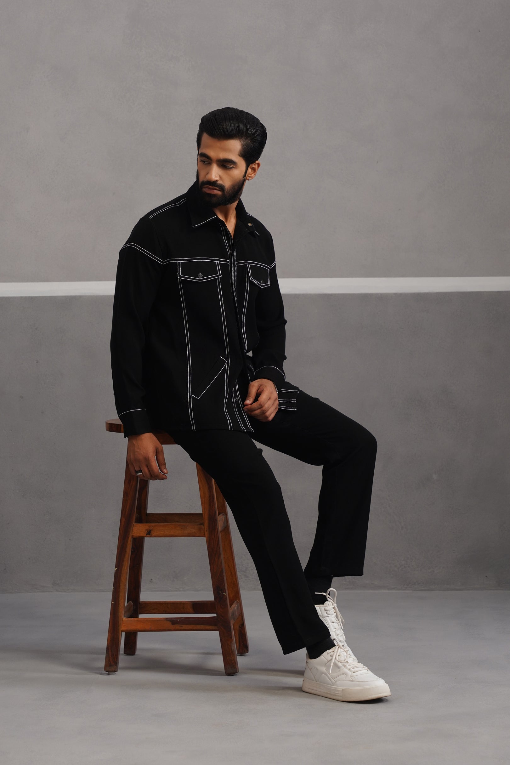 Elite Embroidered Shirt Co-ord Set - Black