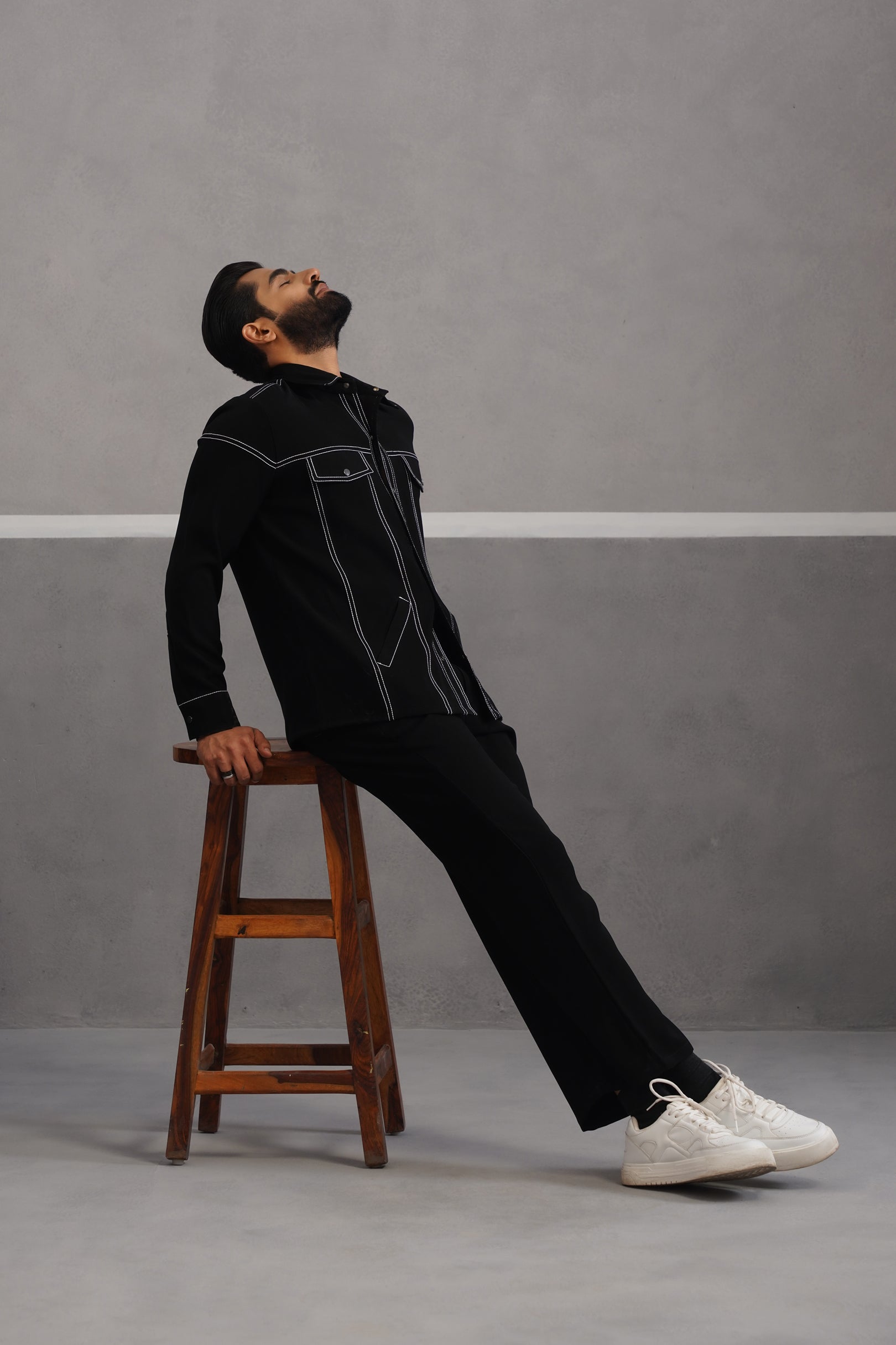 Elite Embroidered Shirt Co-ord Set - Black