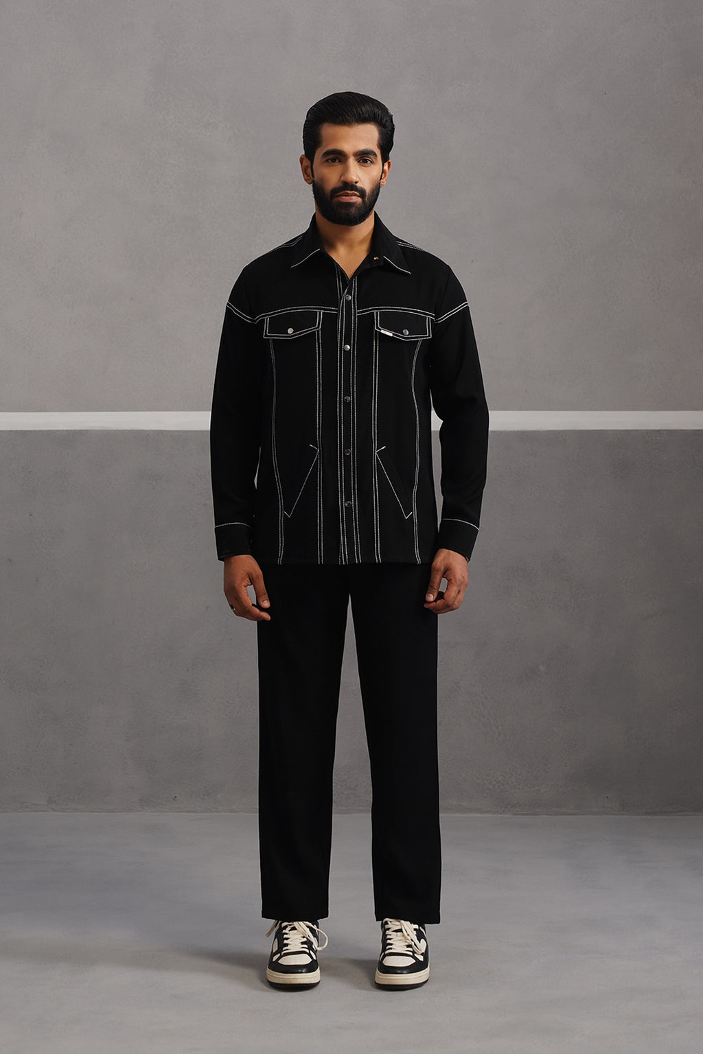 Elite Embroidered Shirt Co-ord Set - Black