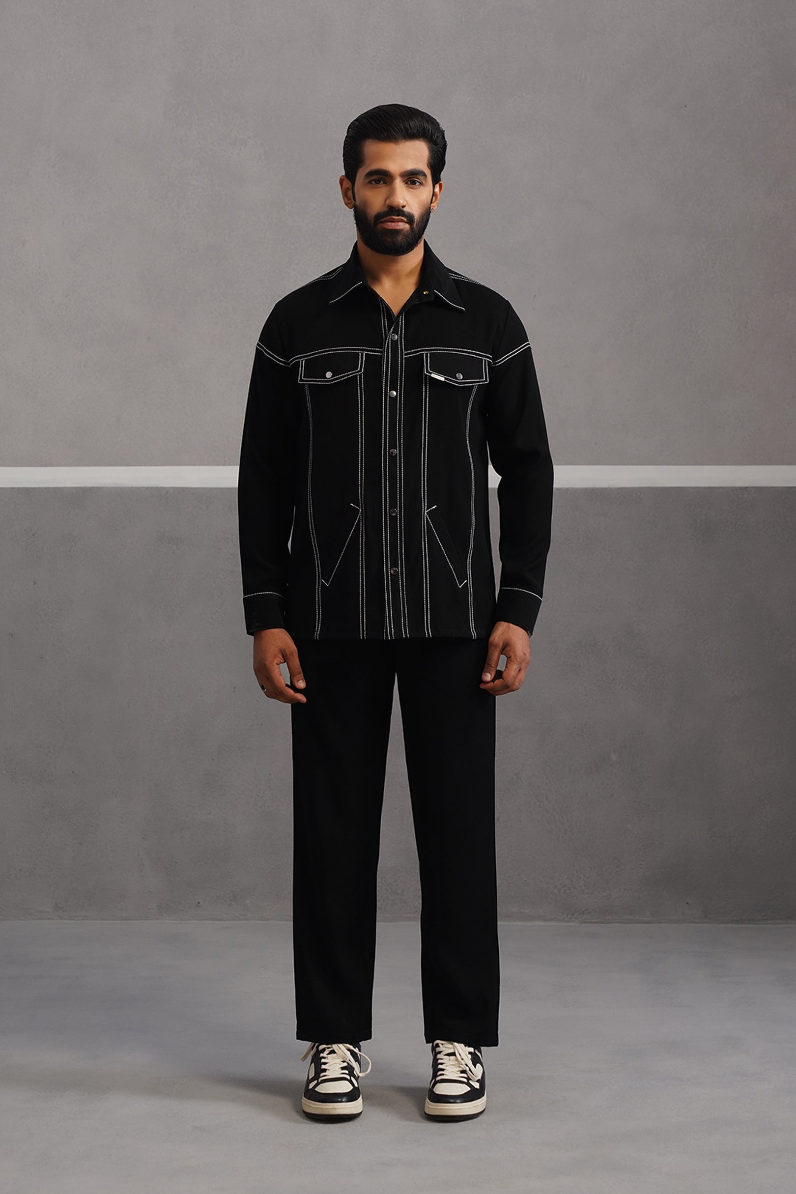 Elite Embroidered Shirt Co-ord Set - Black