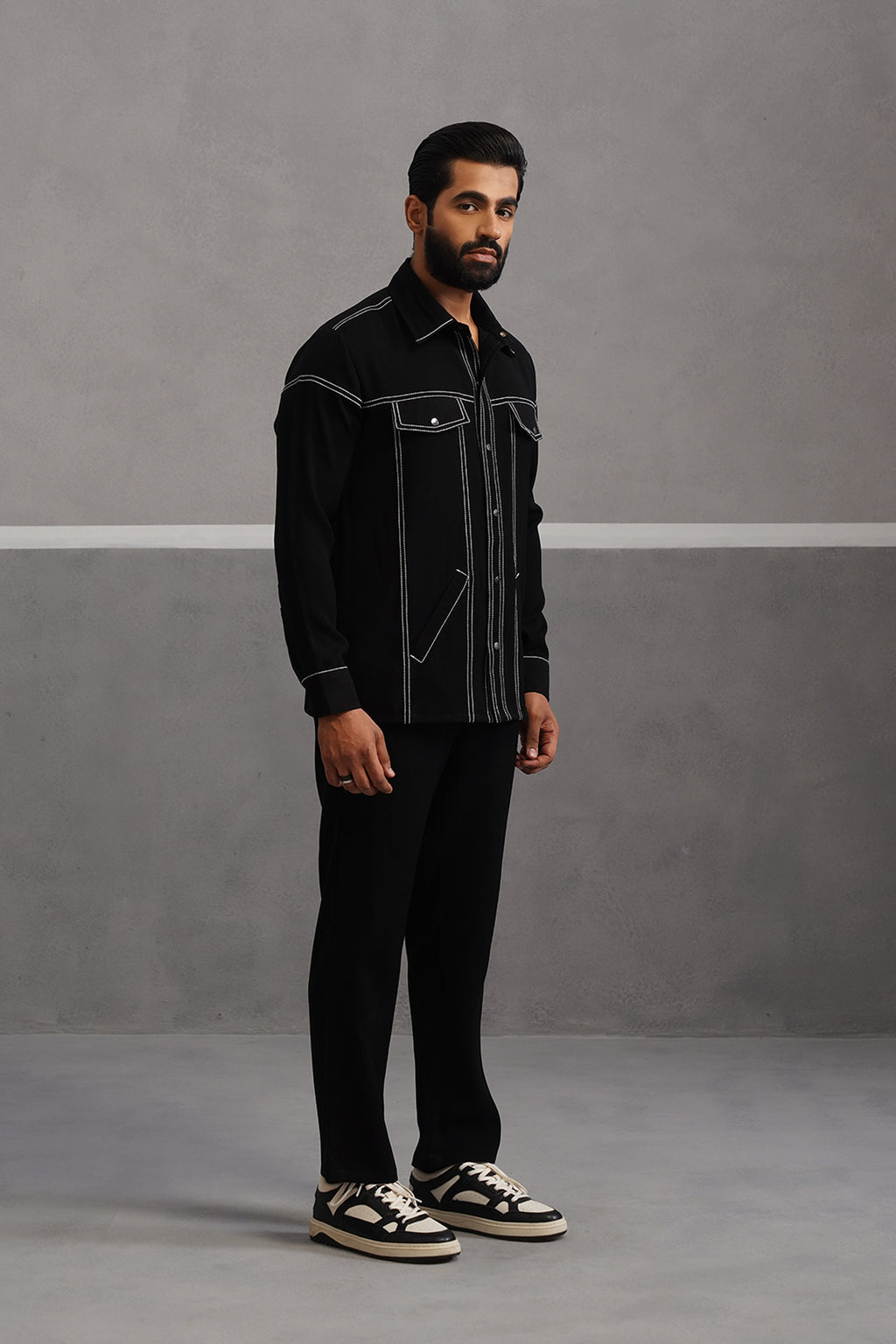Elite Embroidered Shirt Co-ord Set - Black