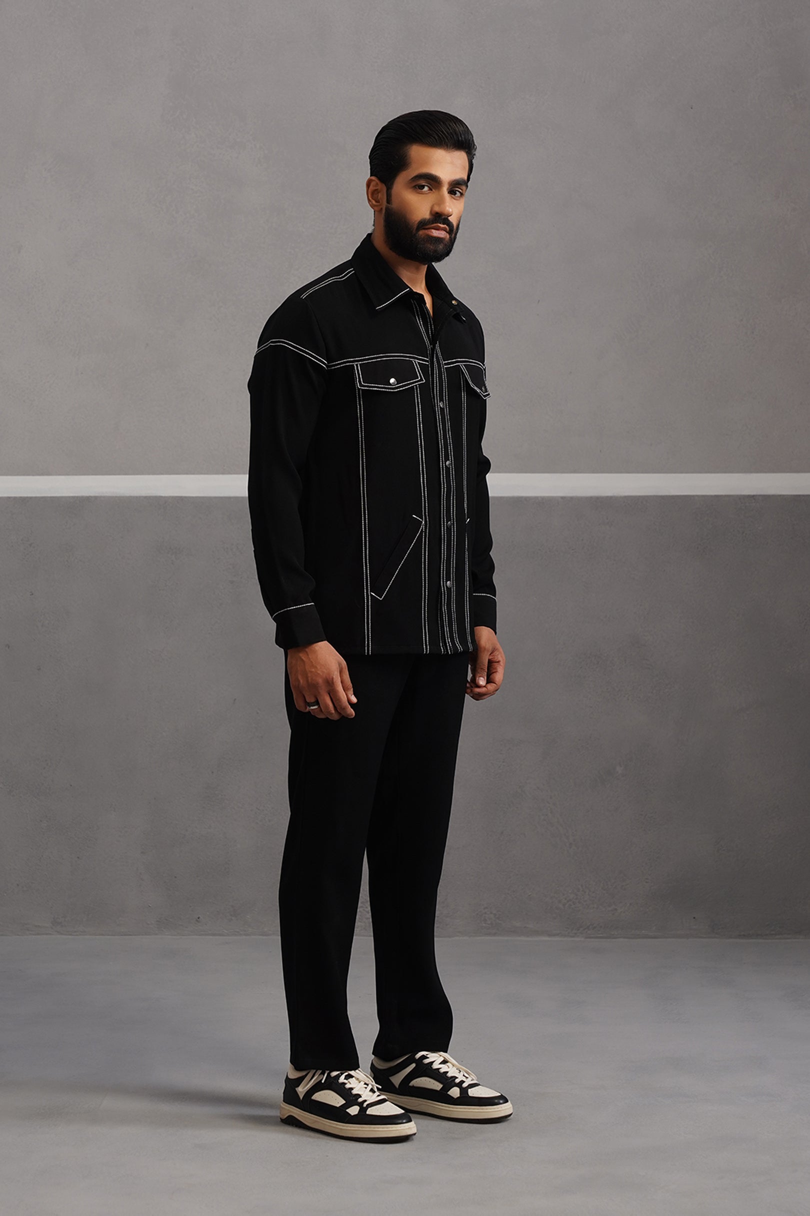 Elite Embroidered Shirt Co-ord Set - Black