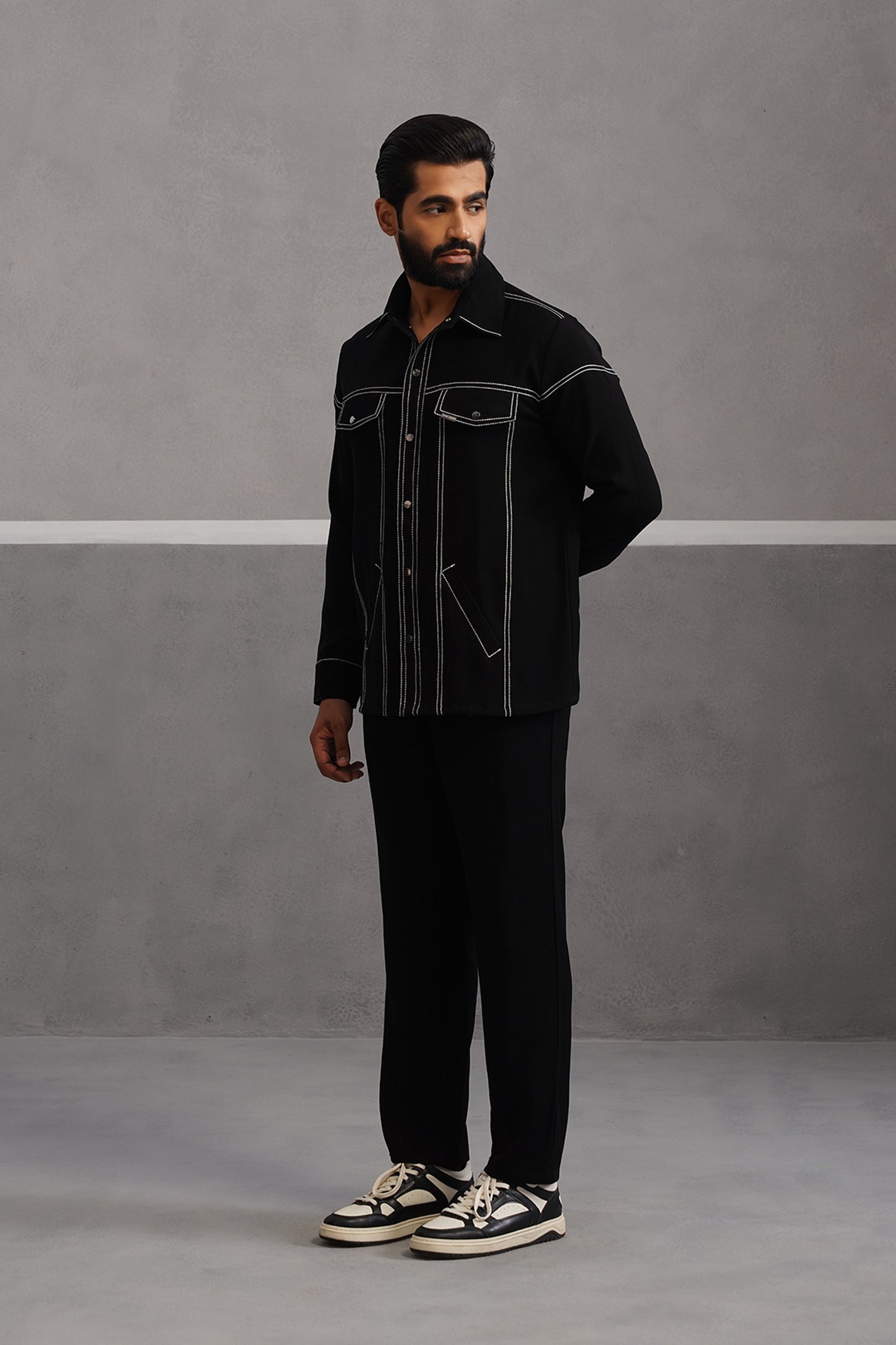 Elite Embroidered Shirt Co-ord Set - Black
