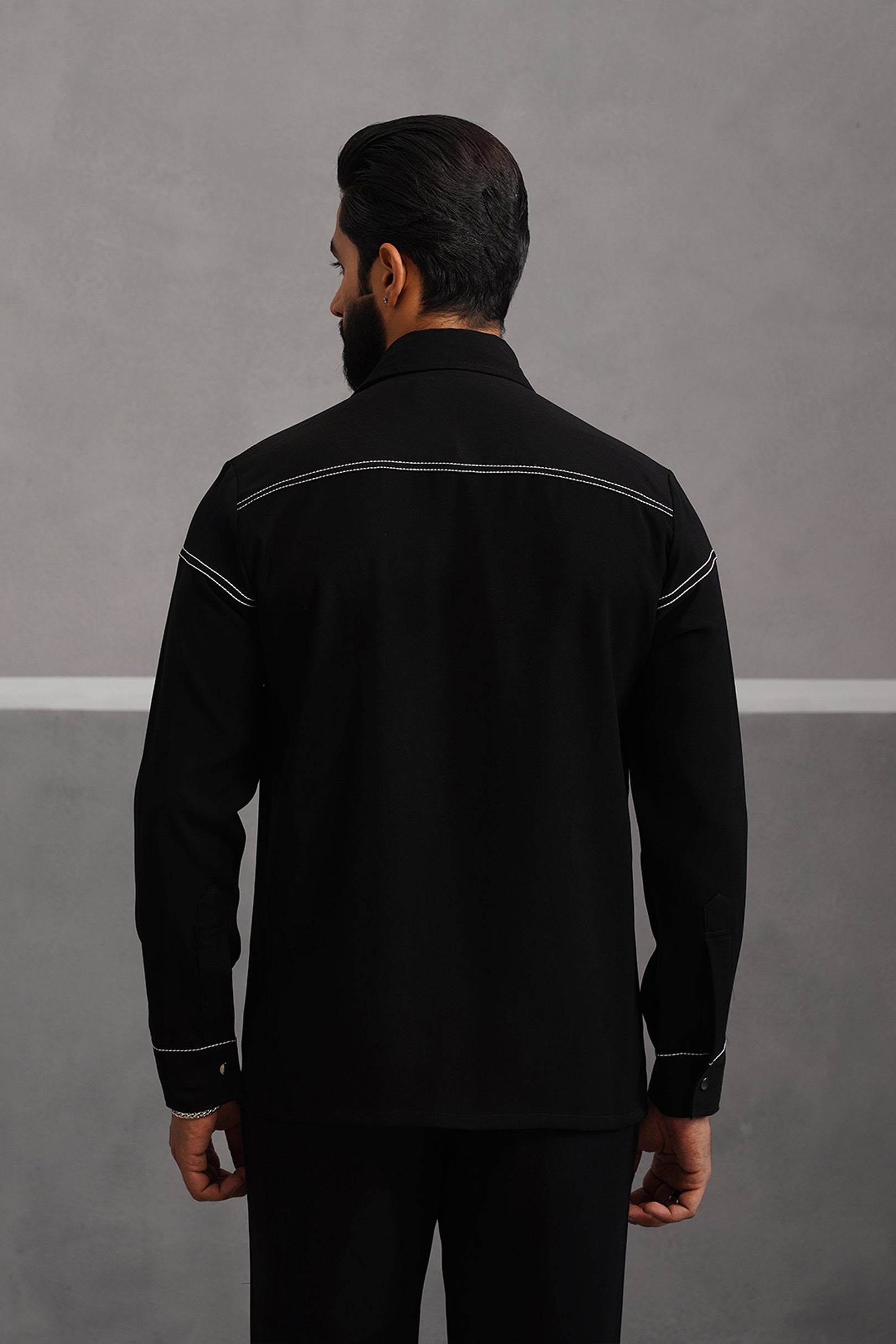 Korean Lycra Elite Full Sleeve Embroidered Shirt - Black