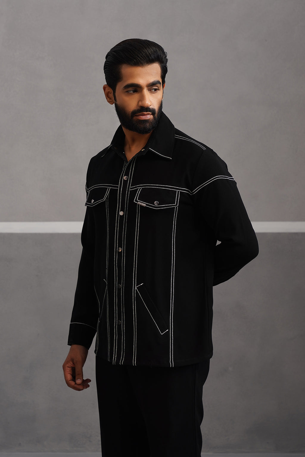 Korean Lycra Elite Full Sleeve Embroidered Shirt - Black