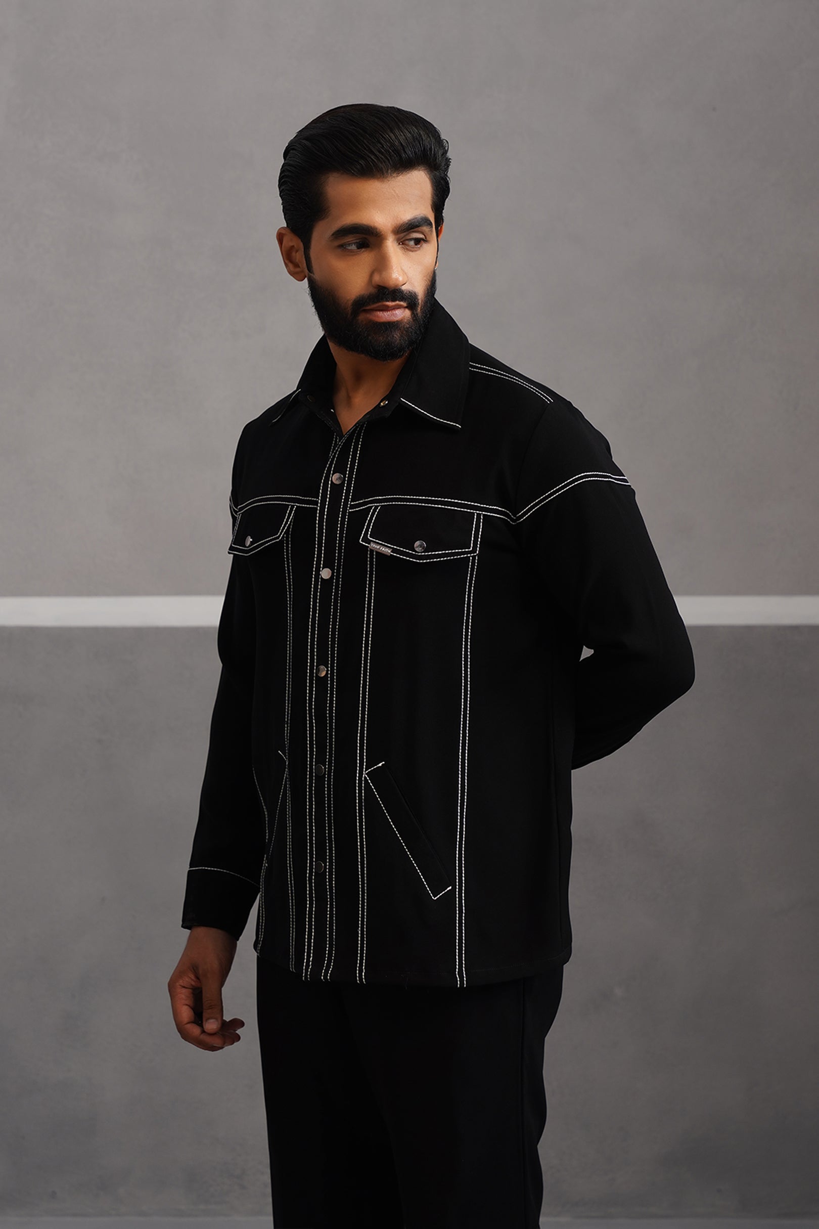 Korean Lycra Elite Full Sleeve Embroidered Shirt - Black