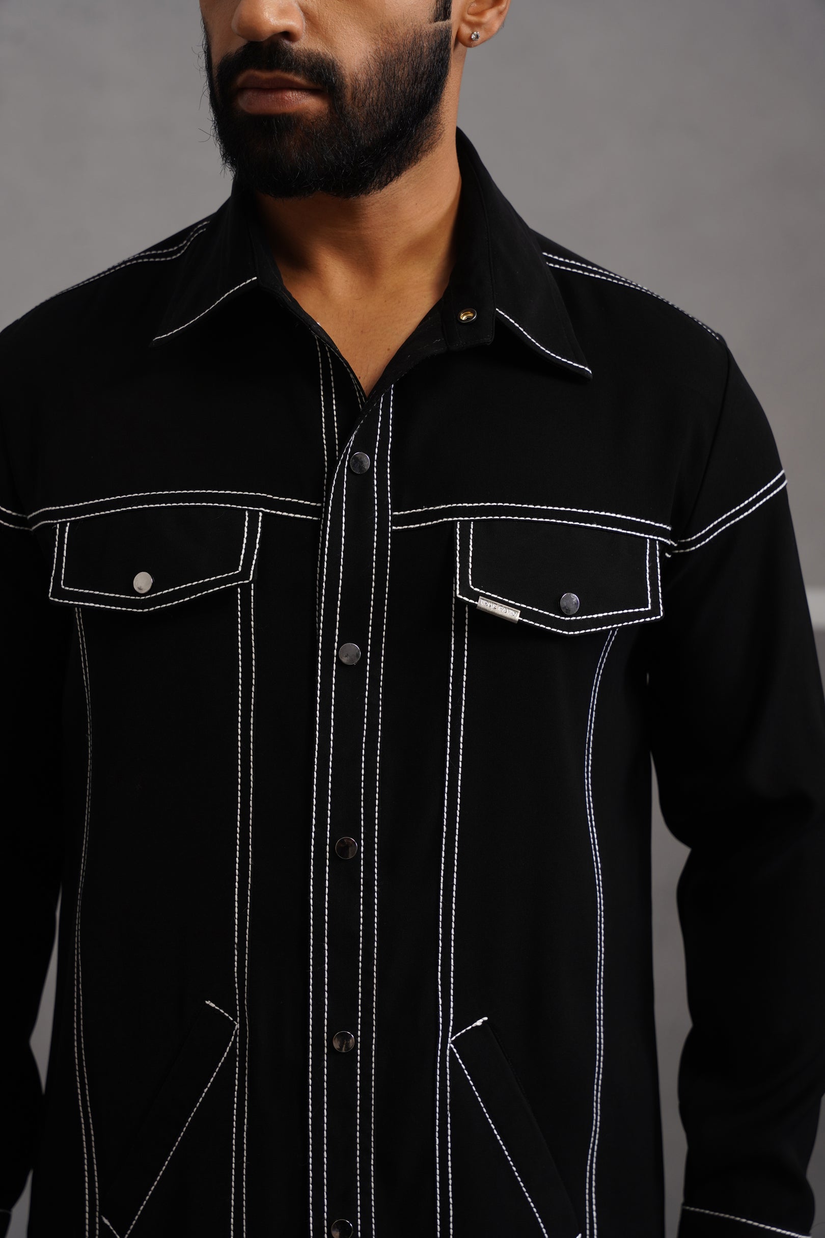Korean Lycra Elite Full Sleeve Embroidered Shirt - Black