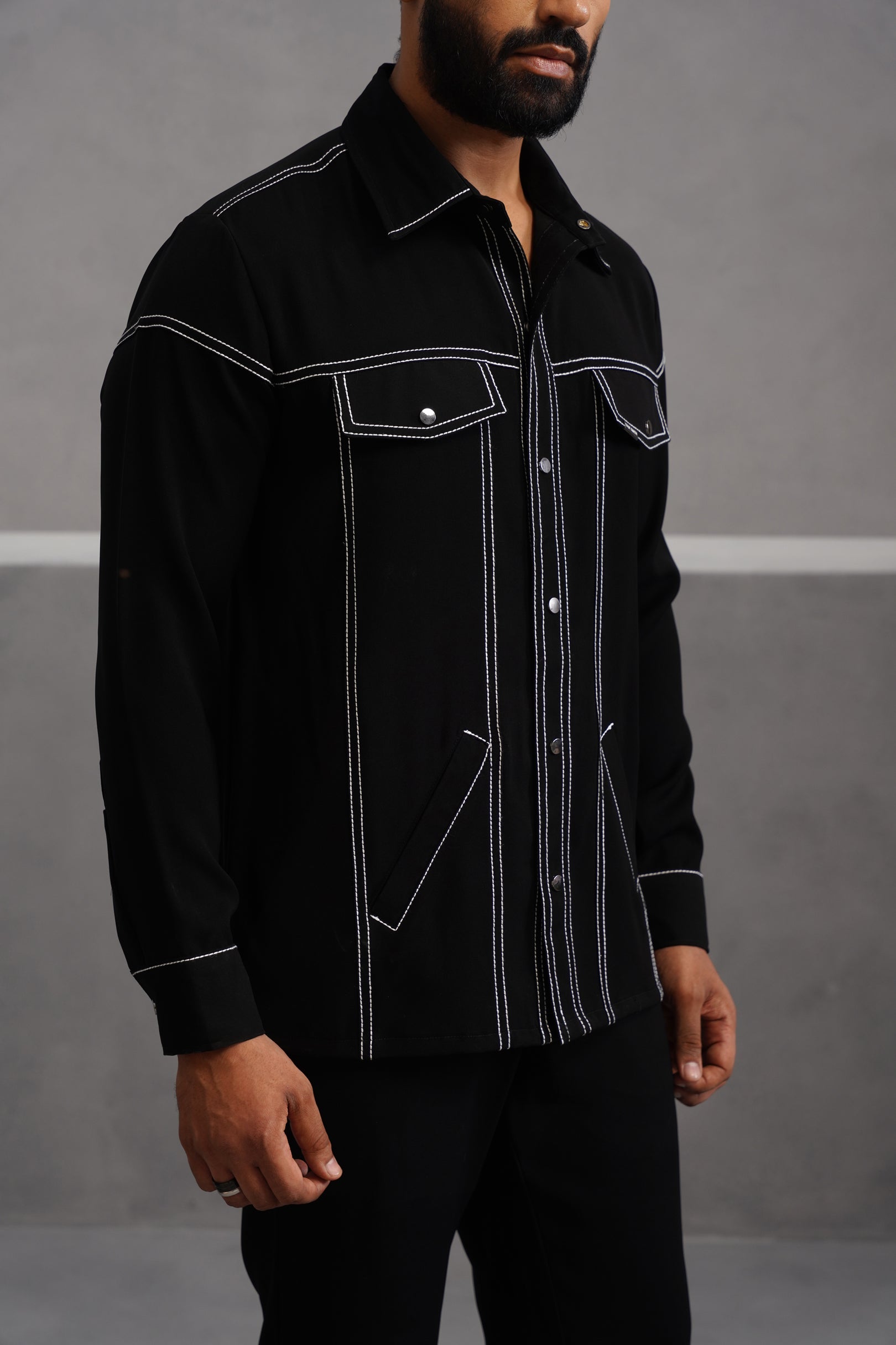 Korean Lycra Elite Full Sleeve Embroidered Shirt - Black