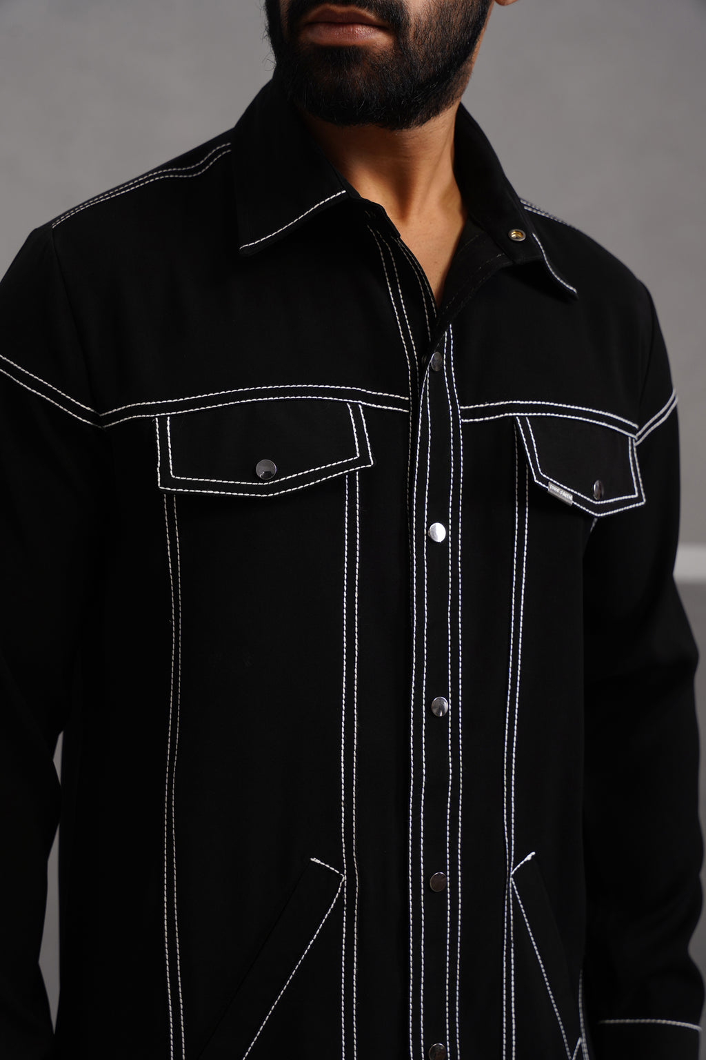 Korean Lycra Elite Full Sleeve Embroidered Shirt - Black
