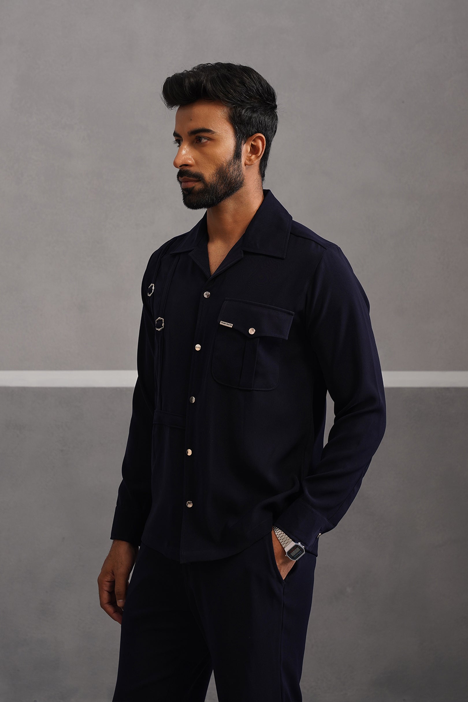 Korean Lycra Elite Full Sleeve Buckle Shirt - Blue