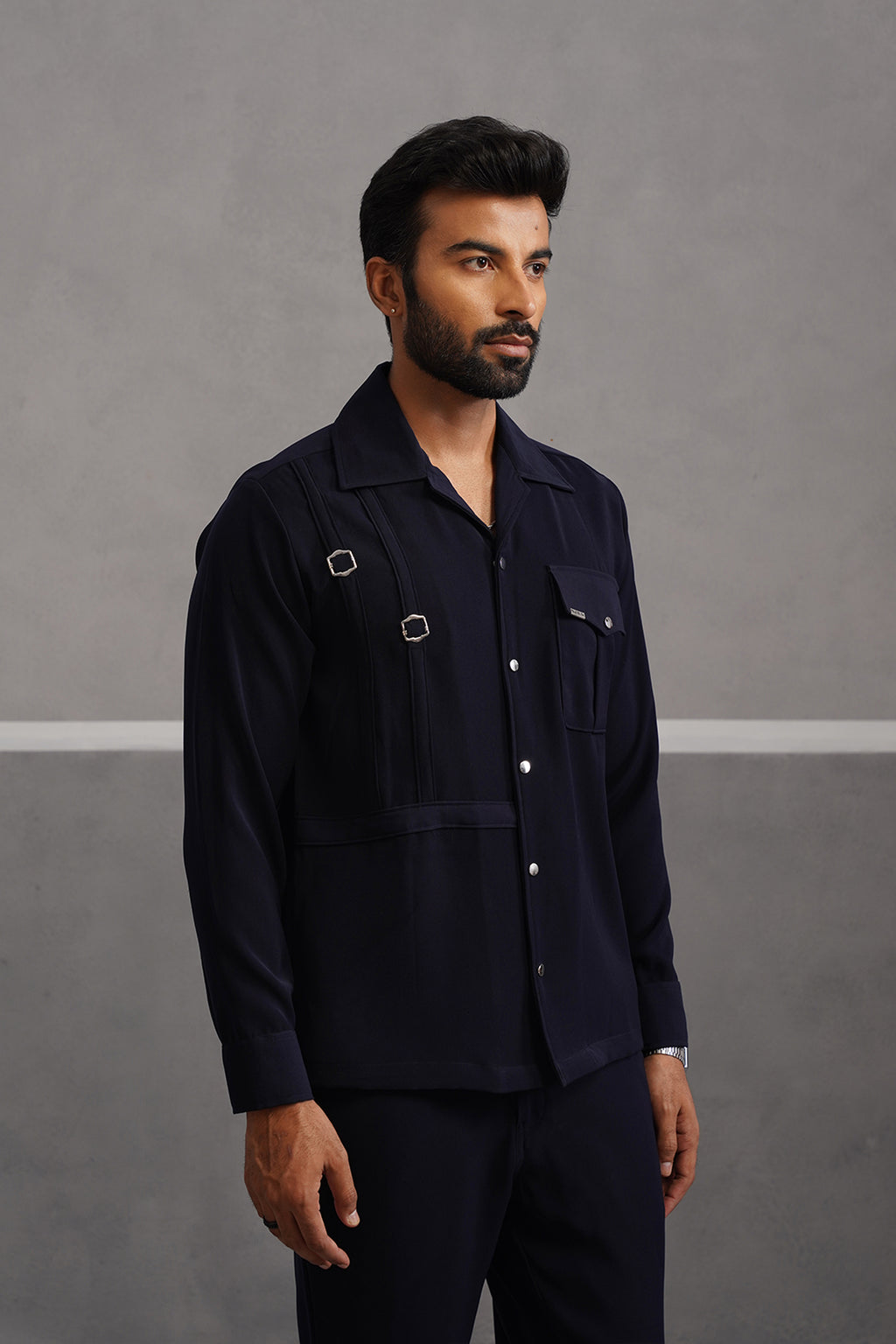 Korean Lycra Elite Full Sleeve Buckle Shirt - Blue