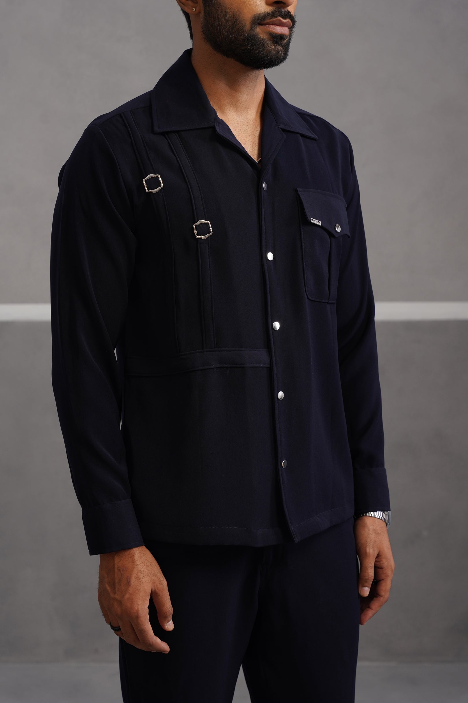 Korean Lycra Elite Full Sleeve Buckle Shirt - Blue