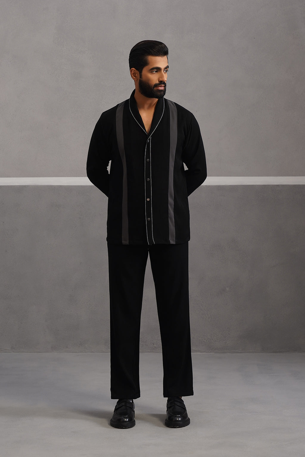 Striped Shirt Korean Lycra Co-ord Set - Black