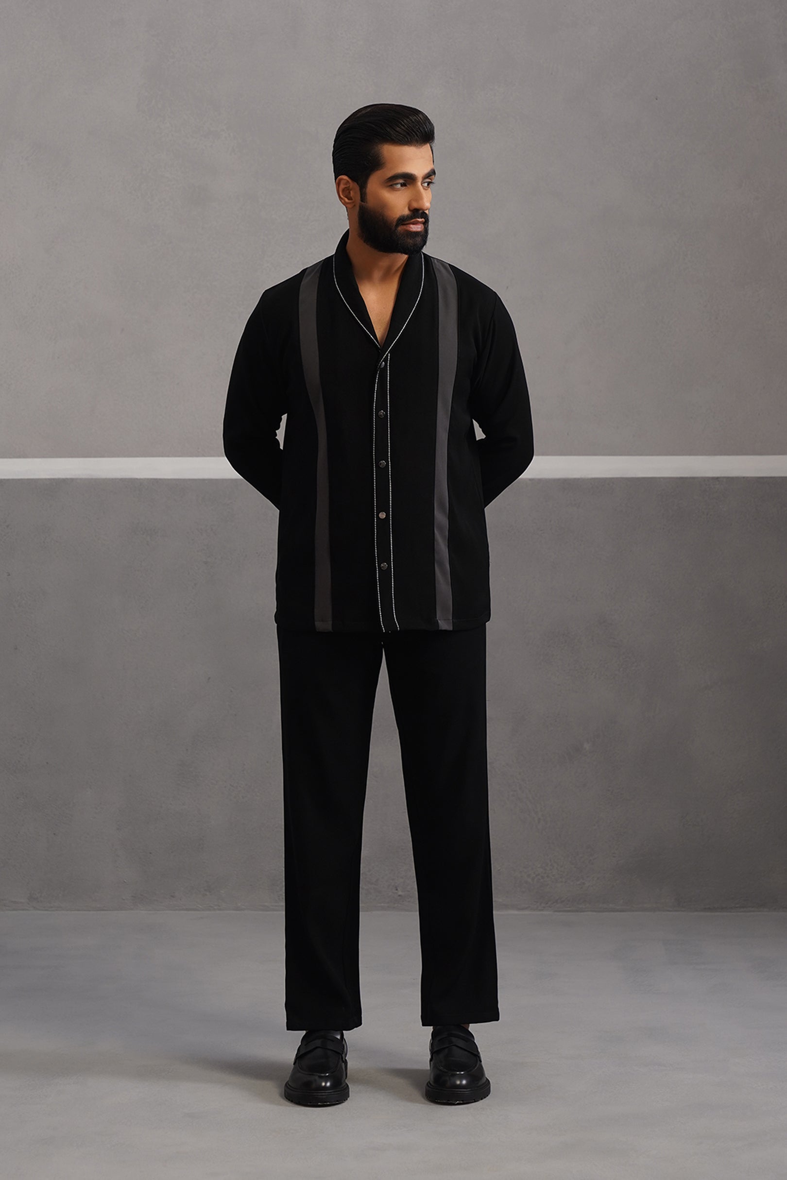 Striped Shirt Korean Lycra Co-ord Set - Black
