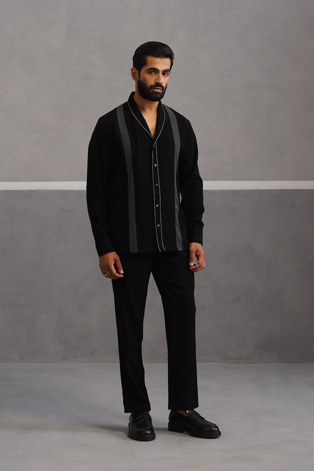 Striped Shirt Korean Lycra Co-ord Set - Black