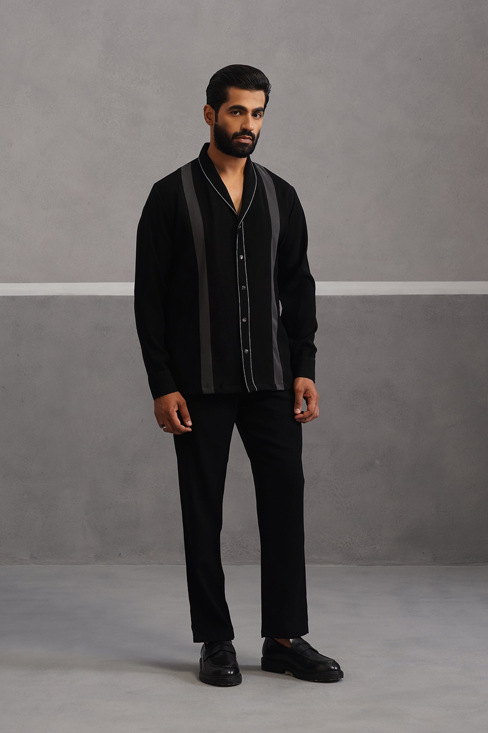 Striped Shirt Korean Lycra Co-ord Set - Black