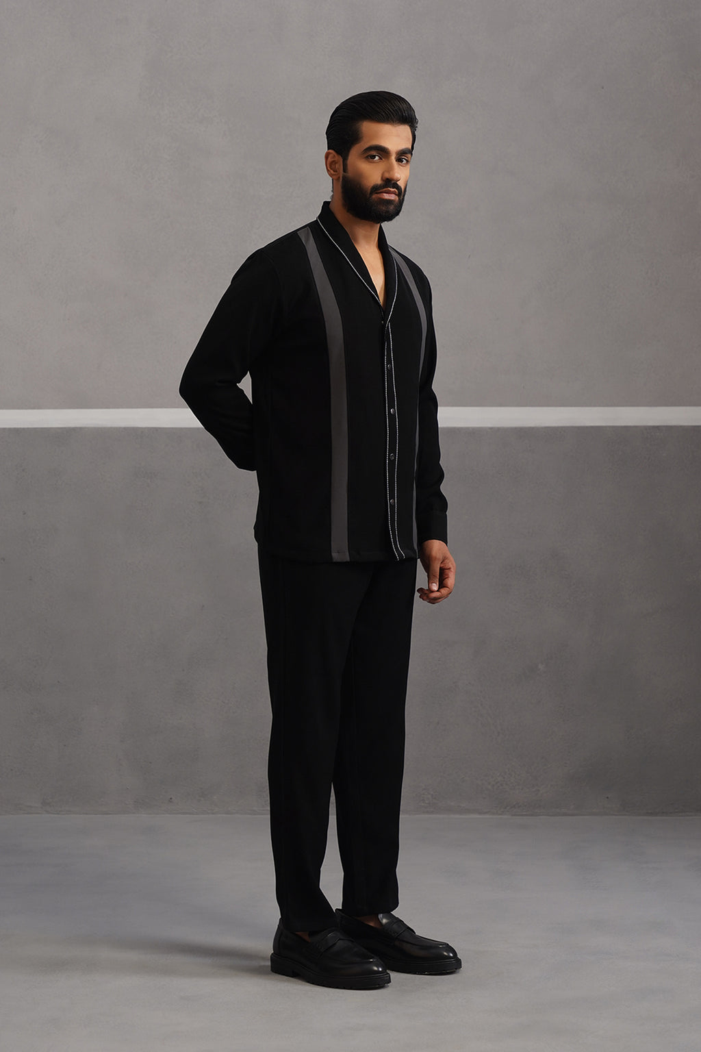 Striped Shirt Korean Lycra Co-ord Set - Black