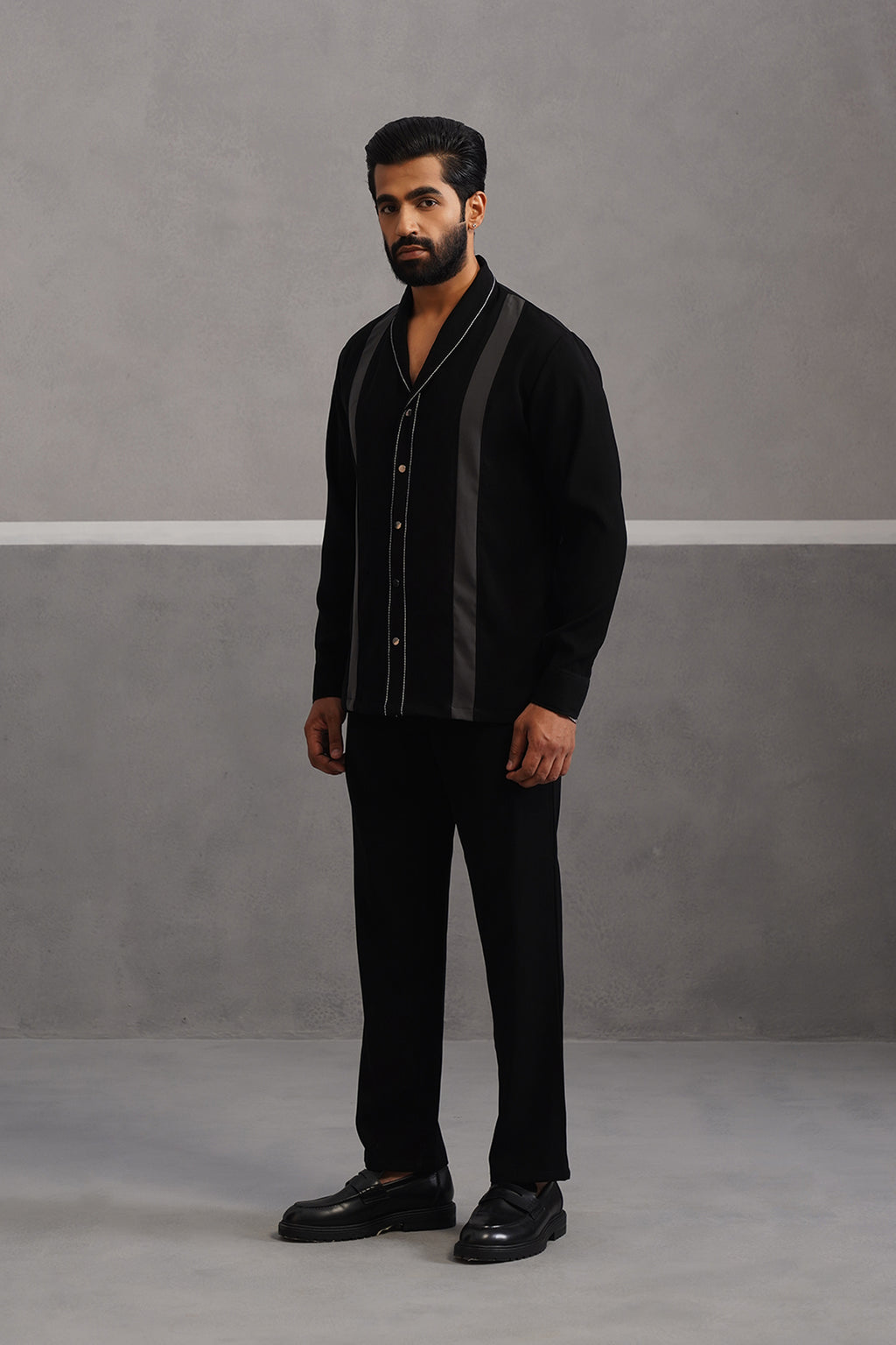 Striped Shirt Korean Lycra Co-ord Set - Black