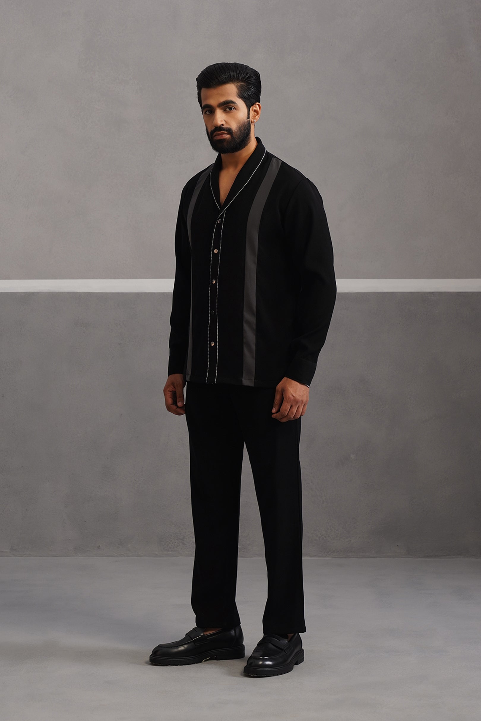 Striped Shirt Korean Lycra Co-ord Set - Black