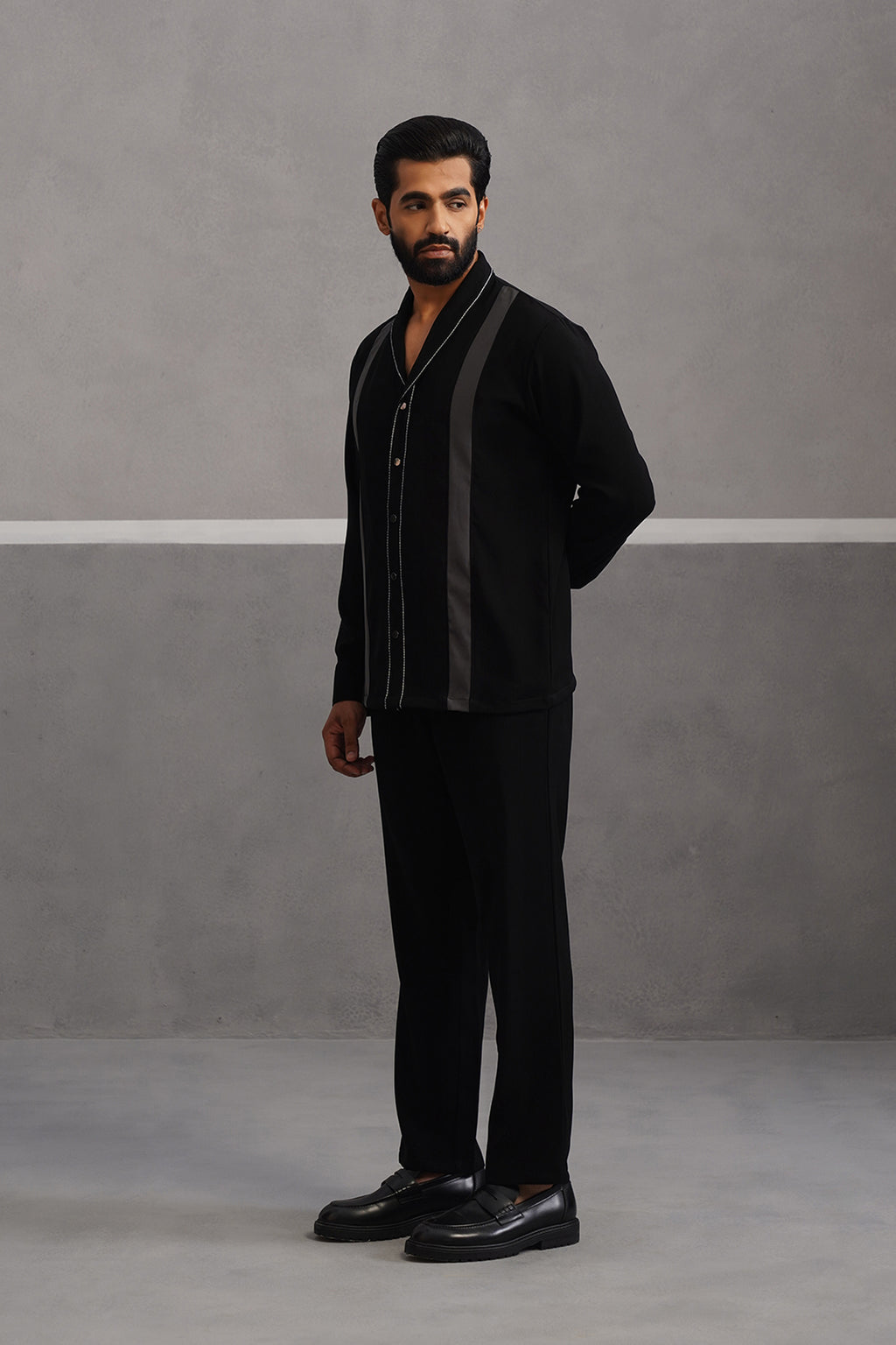 Striped Shirt Korean Lycra Co-ord Set - Black
