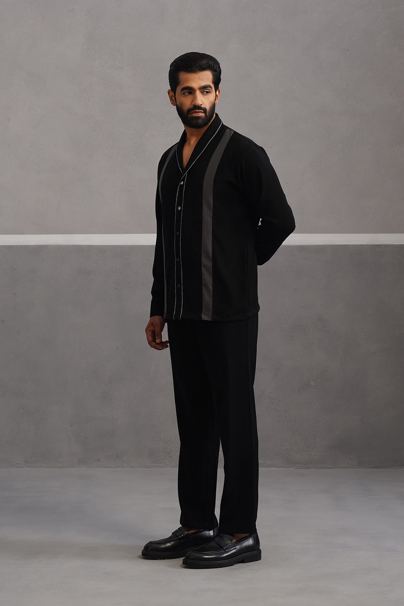Striped Shirt Korean Lycra Co-ord Set - Black