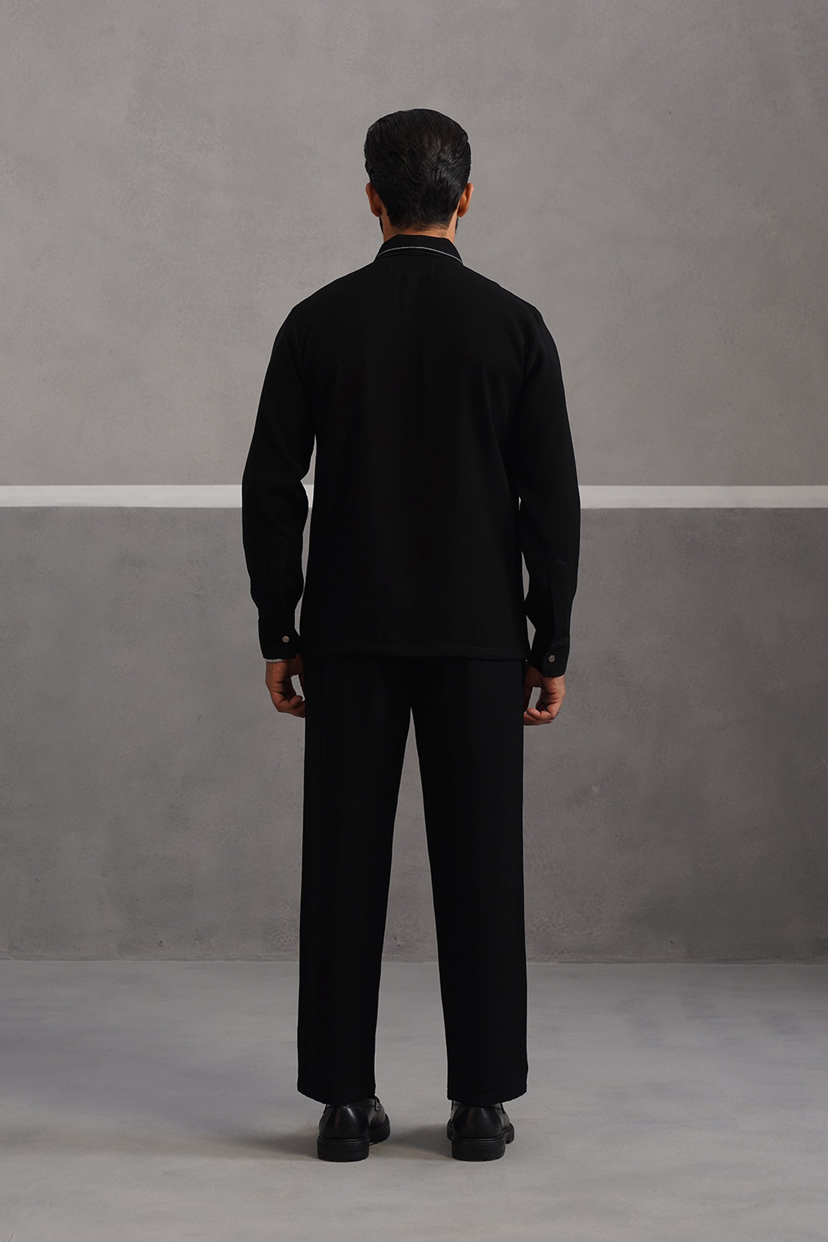 Striped Shirt Korean Lycra Co-ord Set - Black