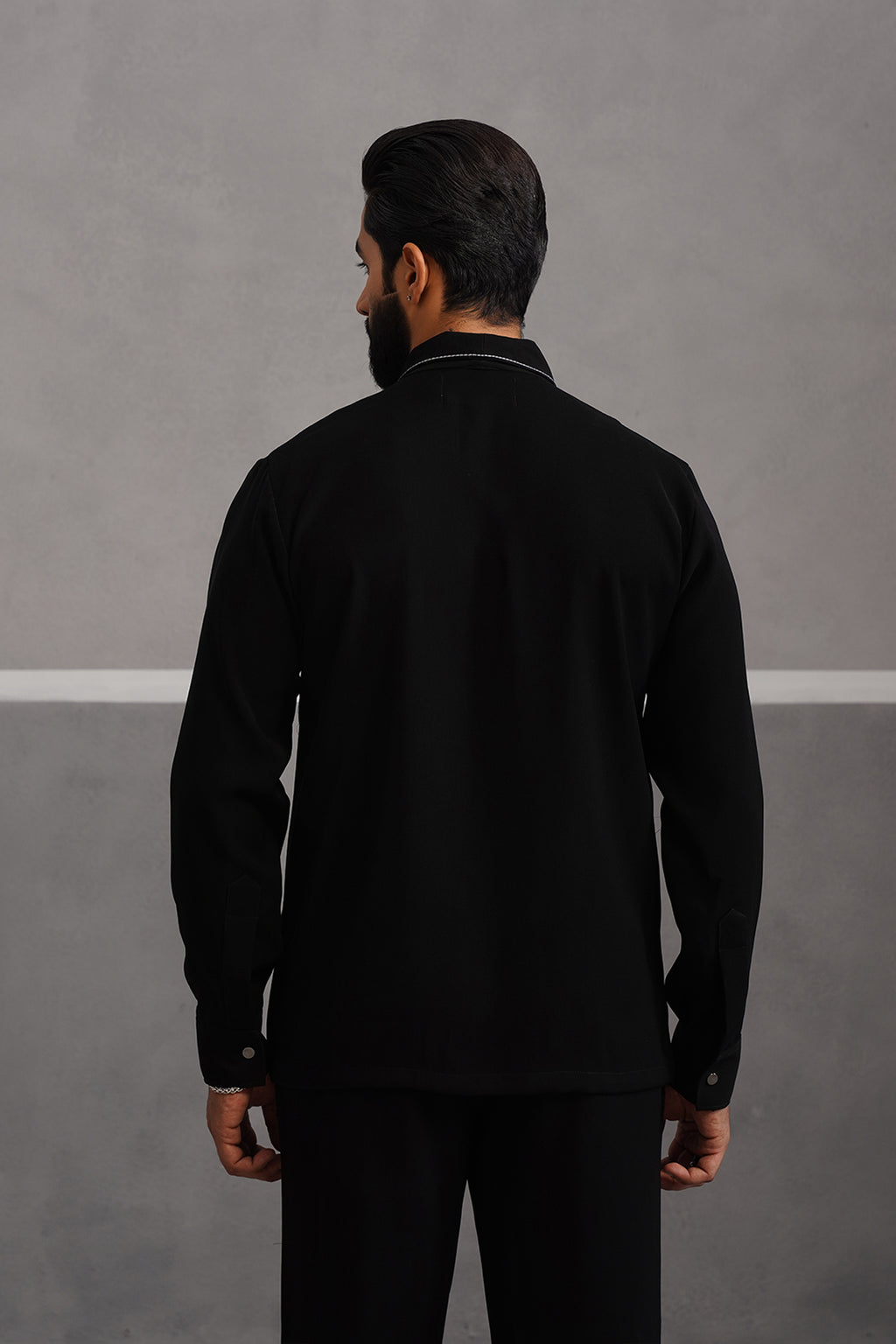 Korean Lycra Elite Full Sleeve Double Striped Shirt - Black