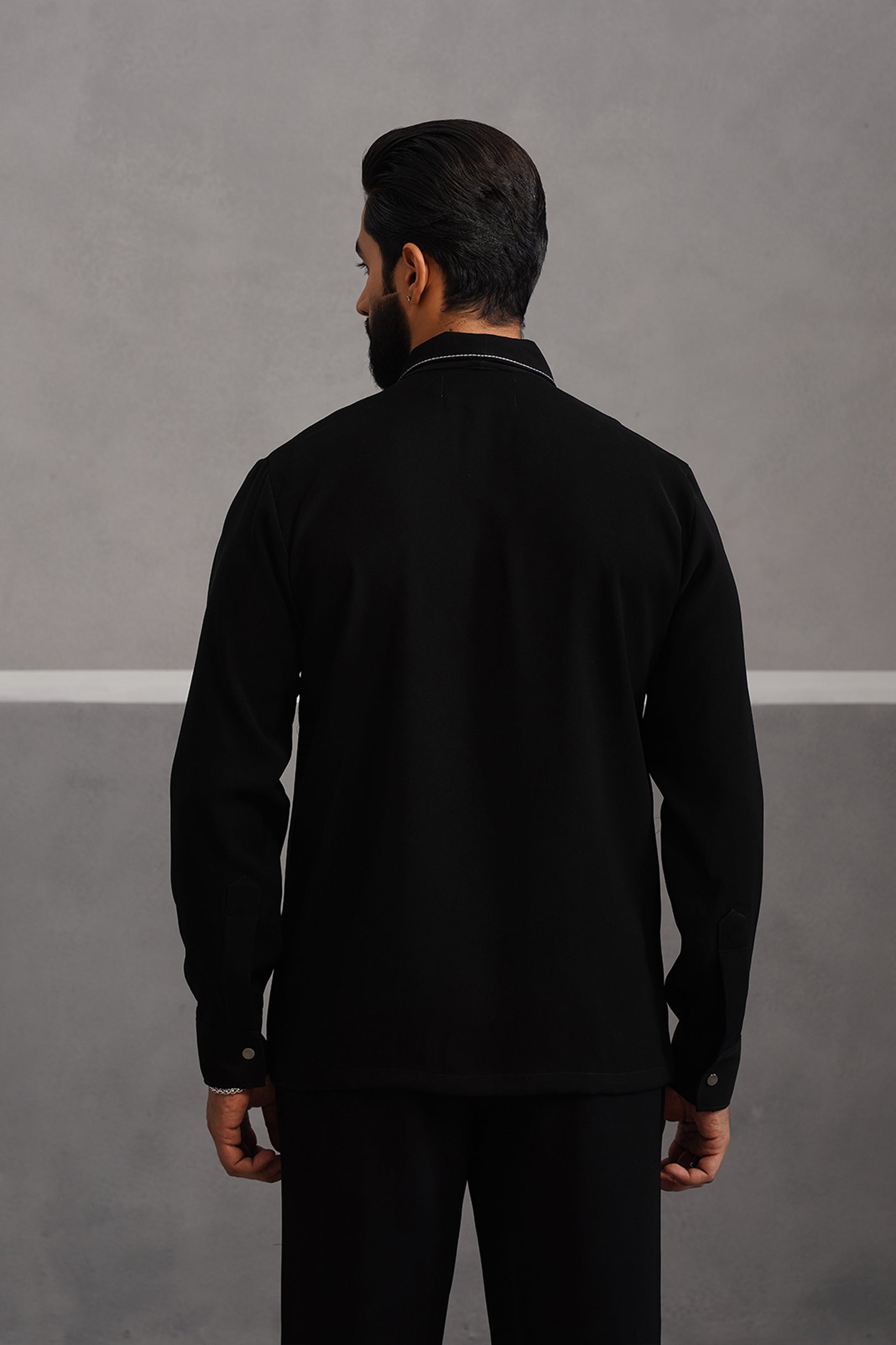 Korean Lycra Elite Full Sleeve Double Striped Shirt - Black