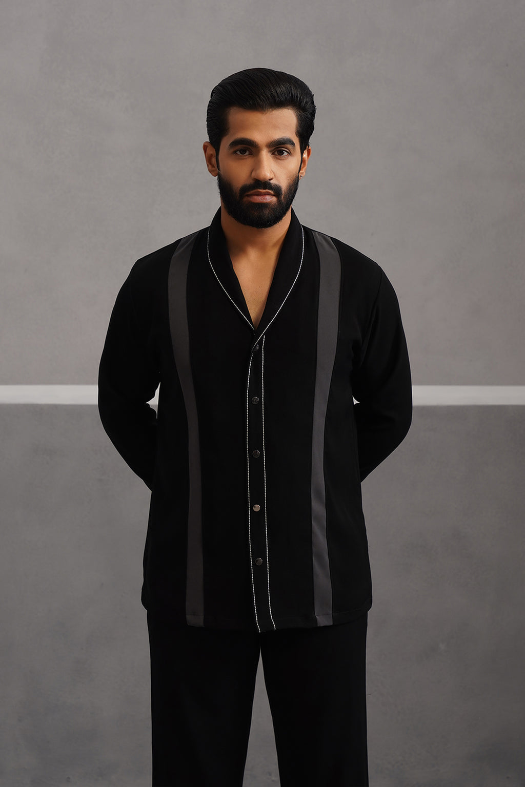 Korean Lycra Elite Full Sleeve Double Striped Shirt - Black