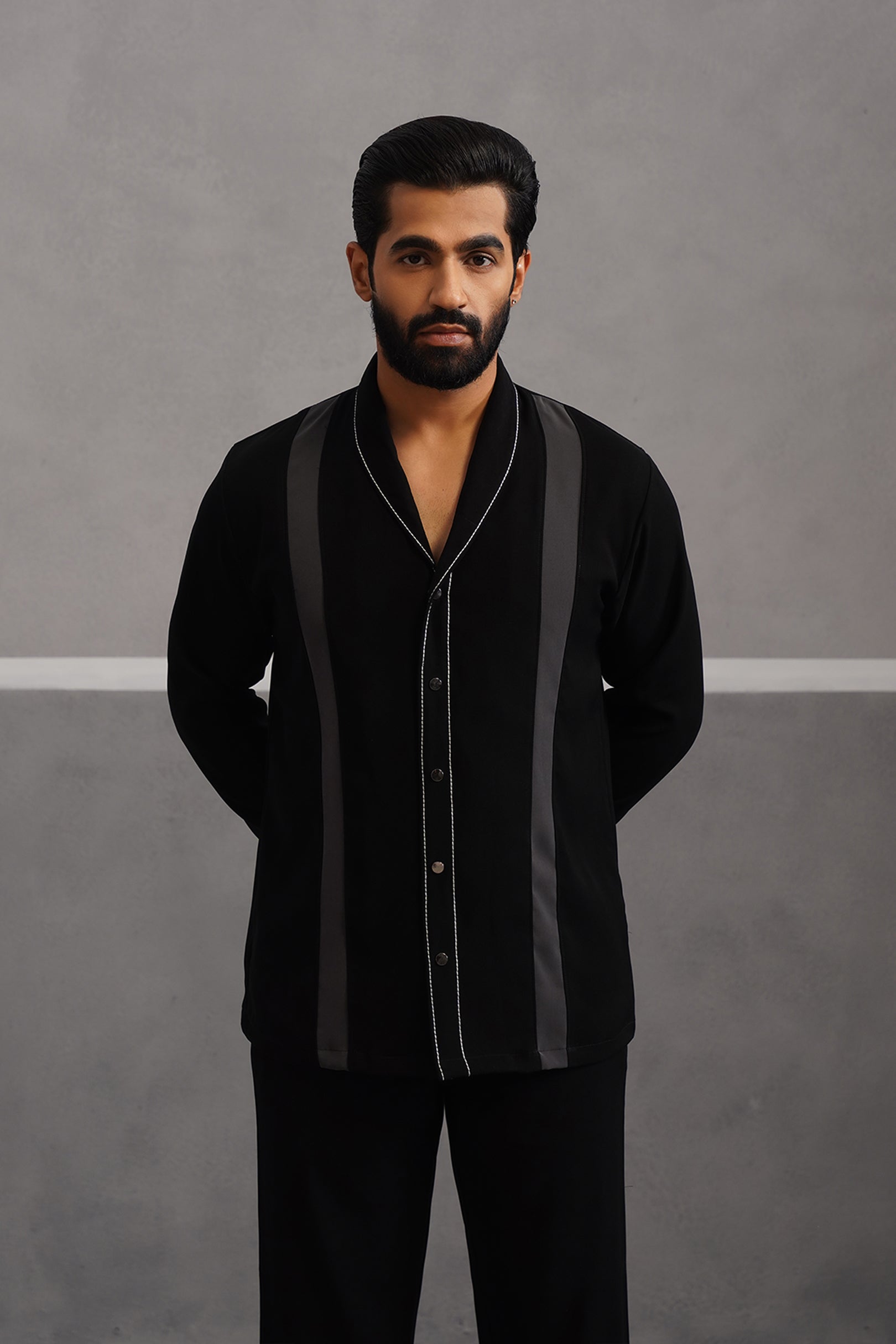 Korean Lycra Elite Full Sleeve Double Striped Shirt - Black