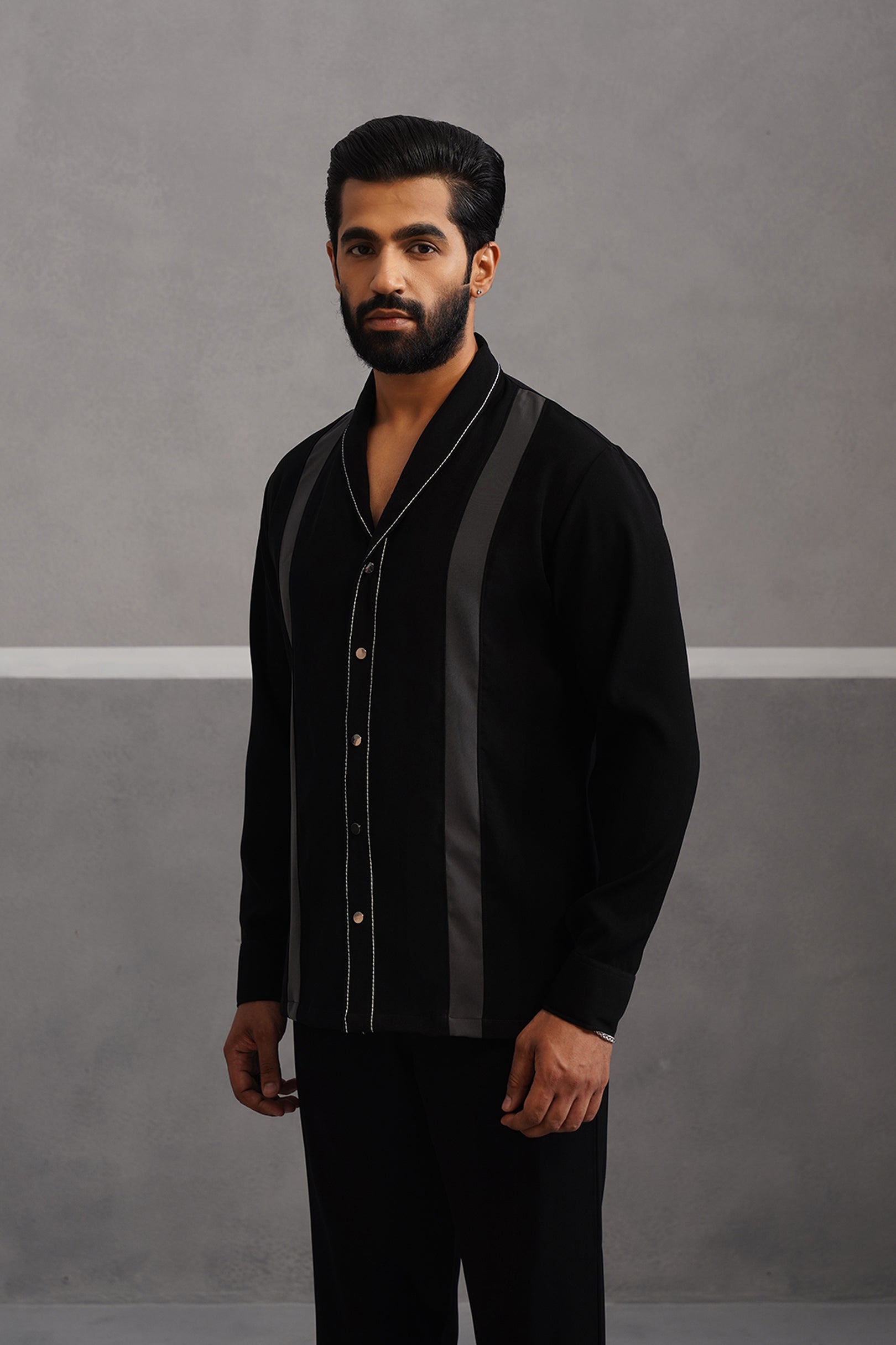 Korean Lycra Elite Full Sleeve Double Striped Shirt - Black