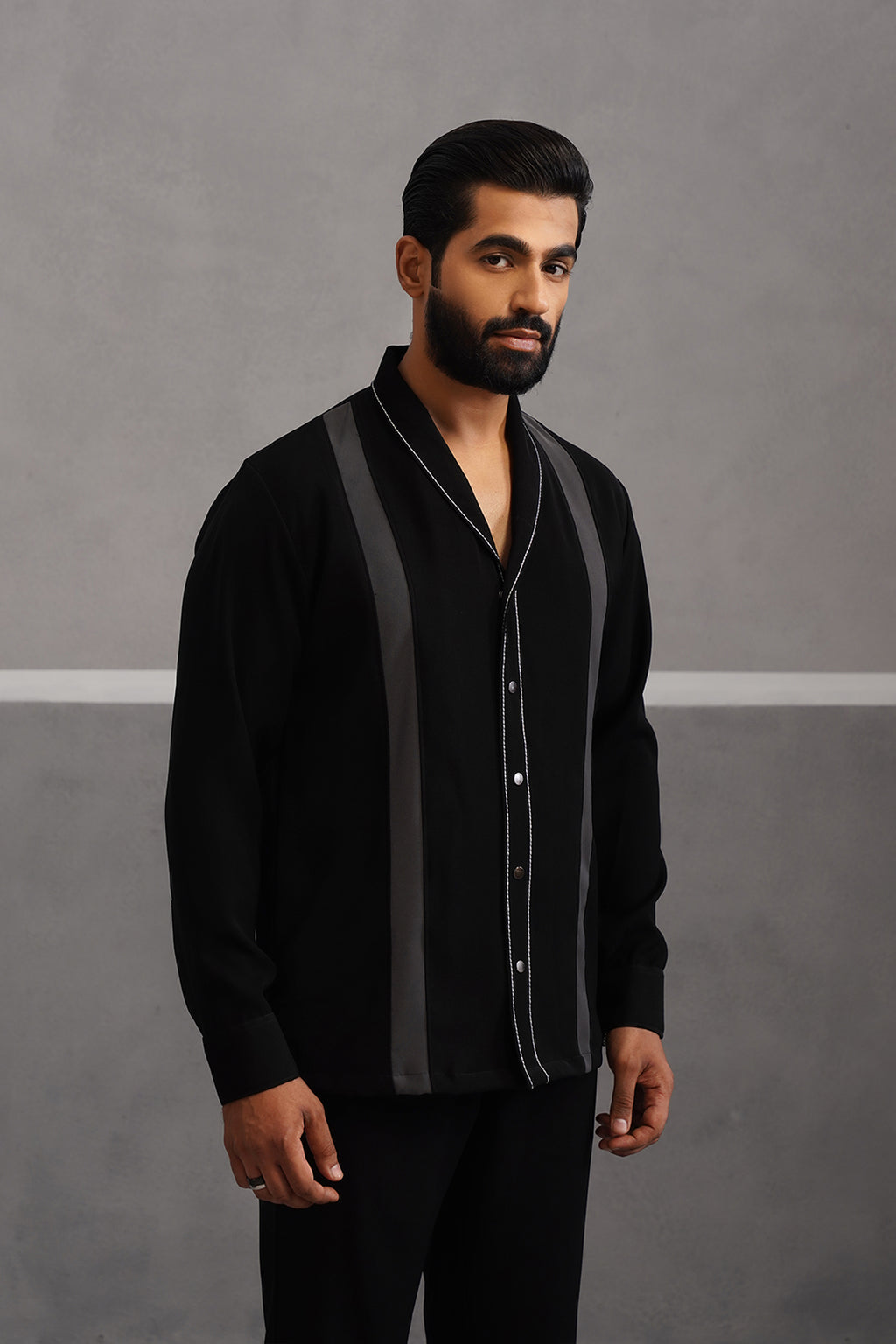 Korean Lycra Elite Full Sleeve Double Striped Shirt - Black