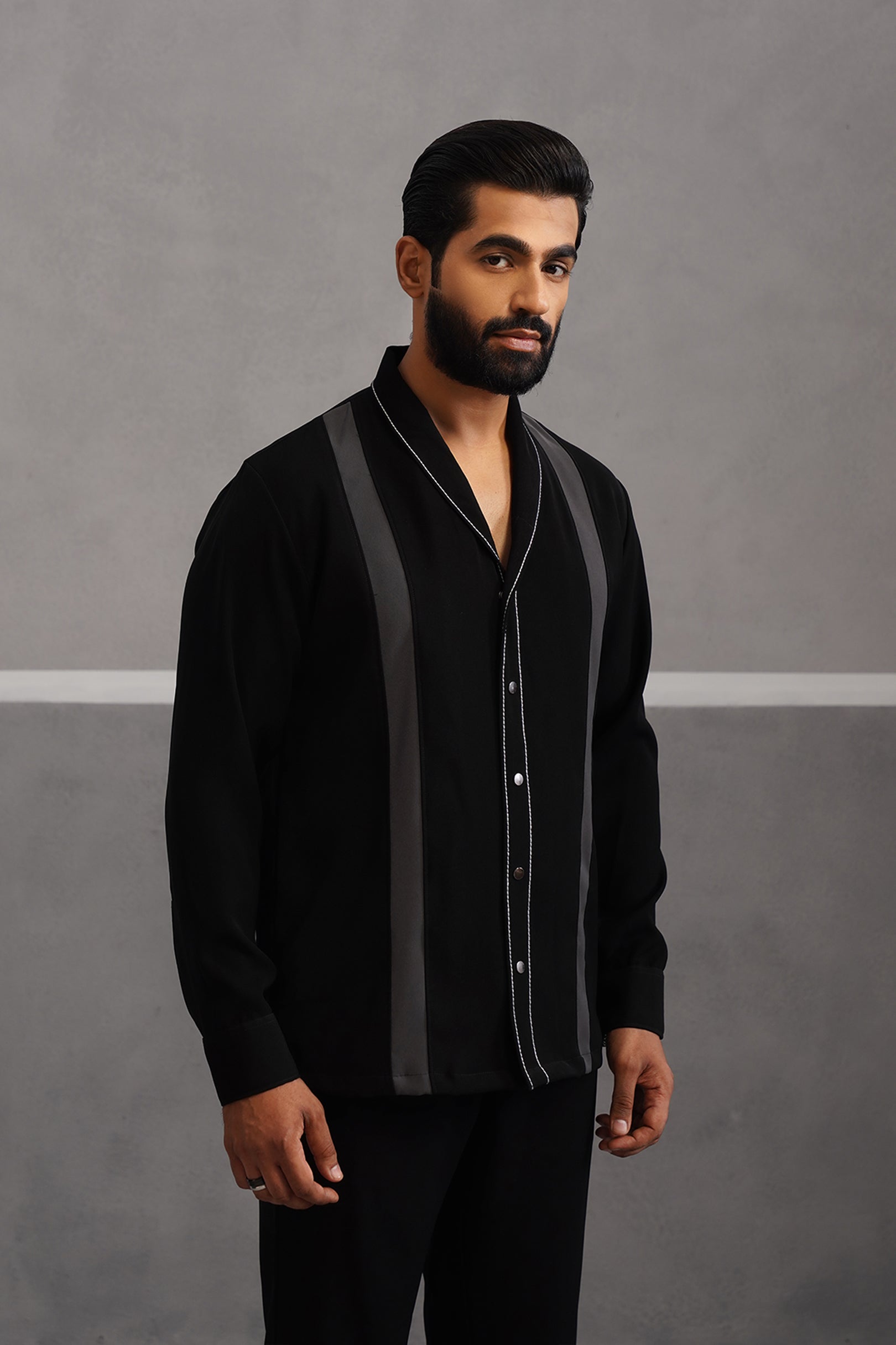 Korean Lycra Elite Full Sleeve Double Striped Shirt - Black