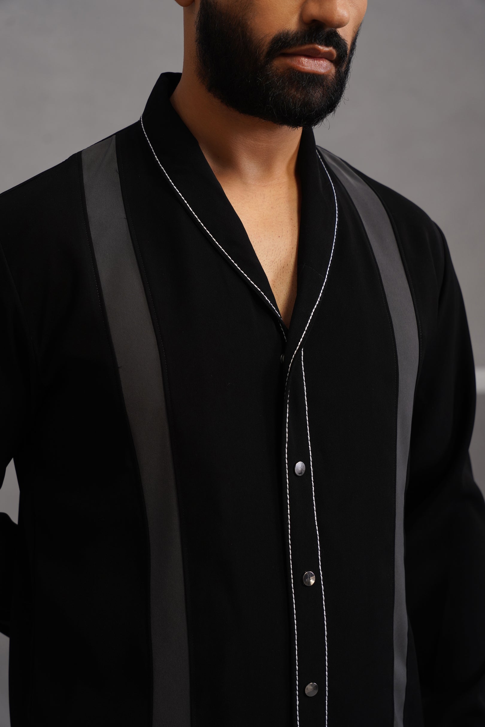 Korean Lycra Elite Full Sleeve Double Striped Shirt - Black