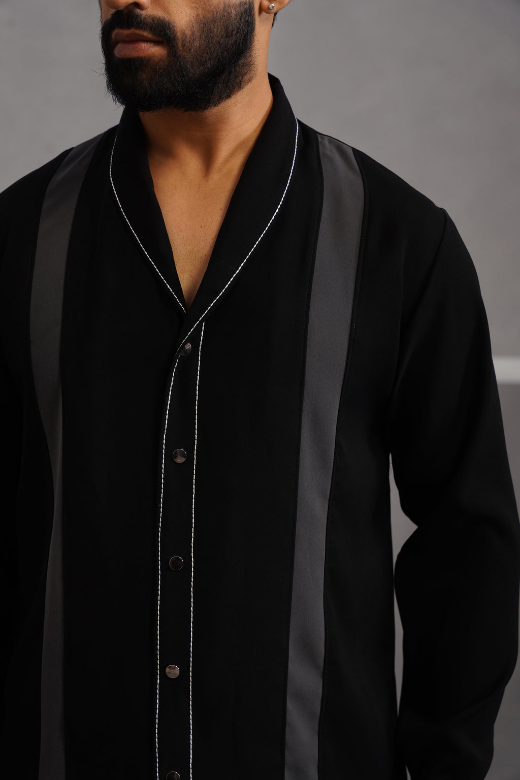 Korean Lycra Elite Full Sleeve Double Striped Shirt - Black