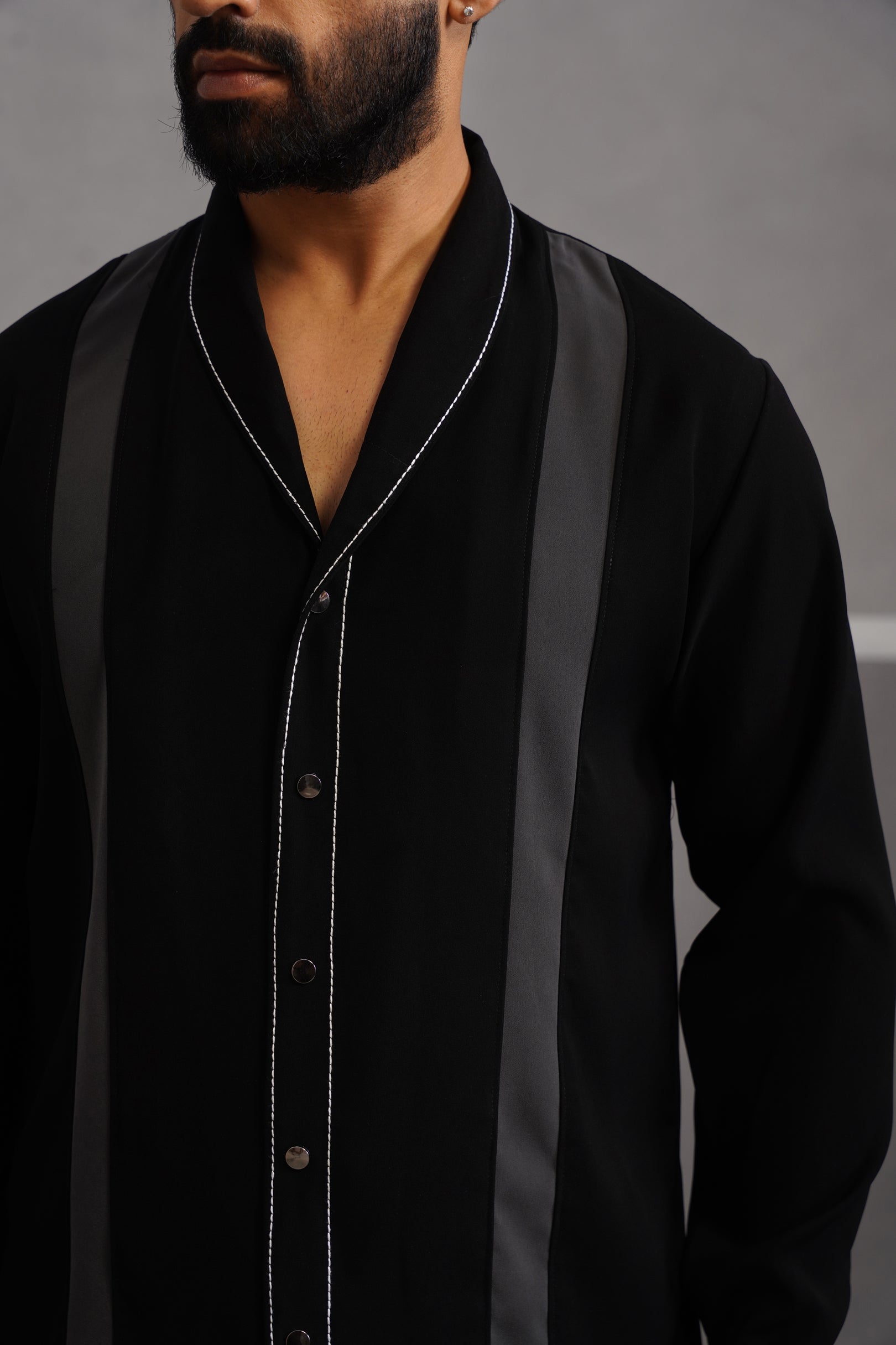Korean Lycra Elite Full Sleeve Double Striped Shirt - Black