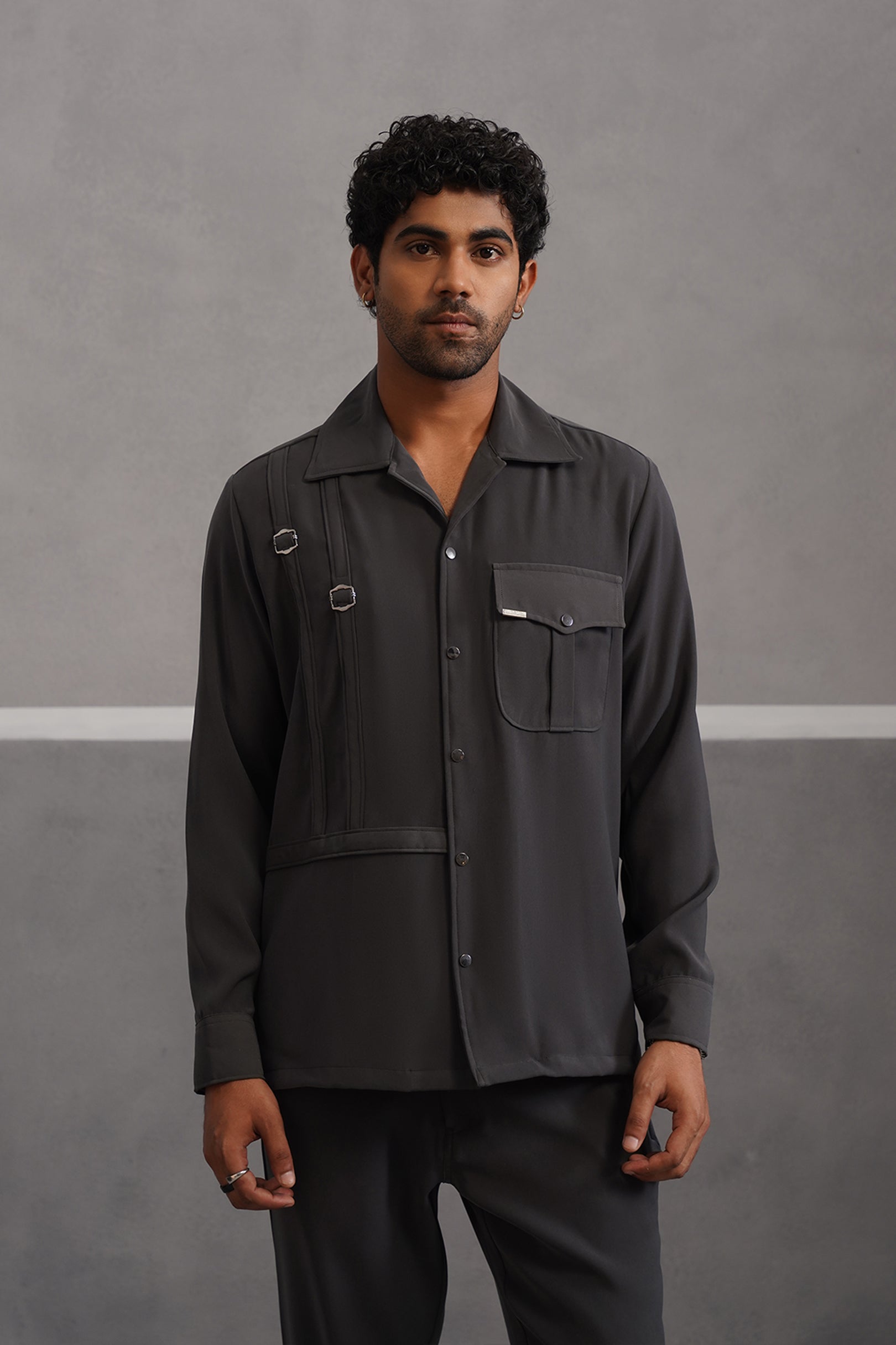 Korean Lycra Elite Full Sleeve Buckle Shirt - Grey