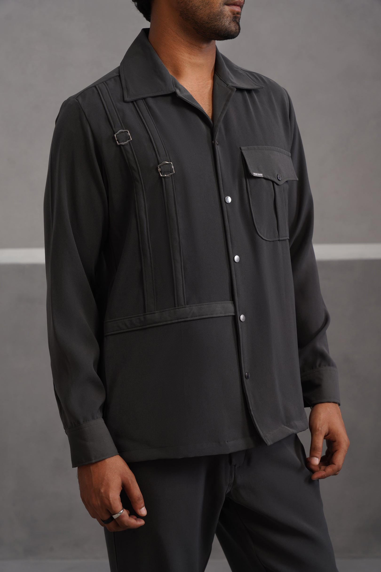Korean Lycra Elite Full Sleeve Buckle Shirt - Grey